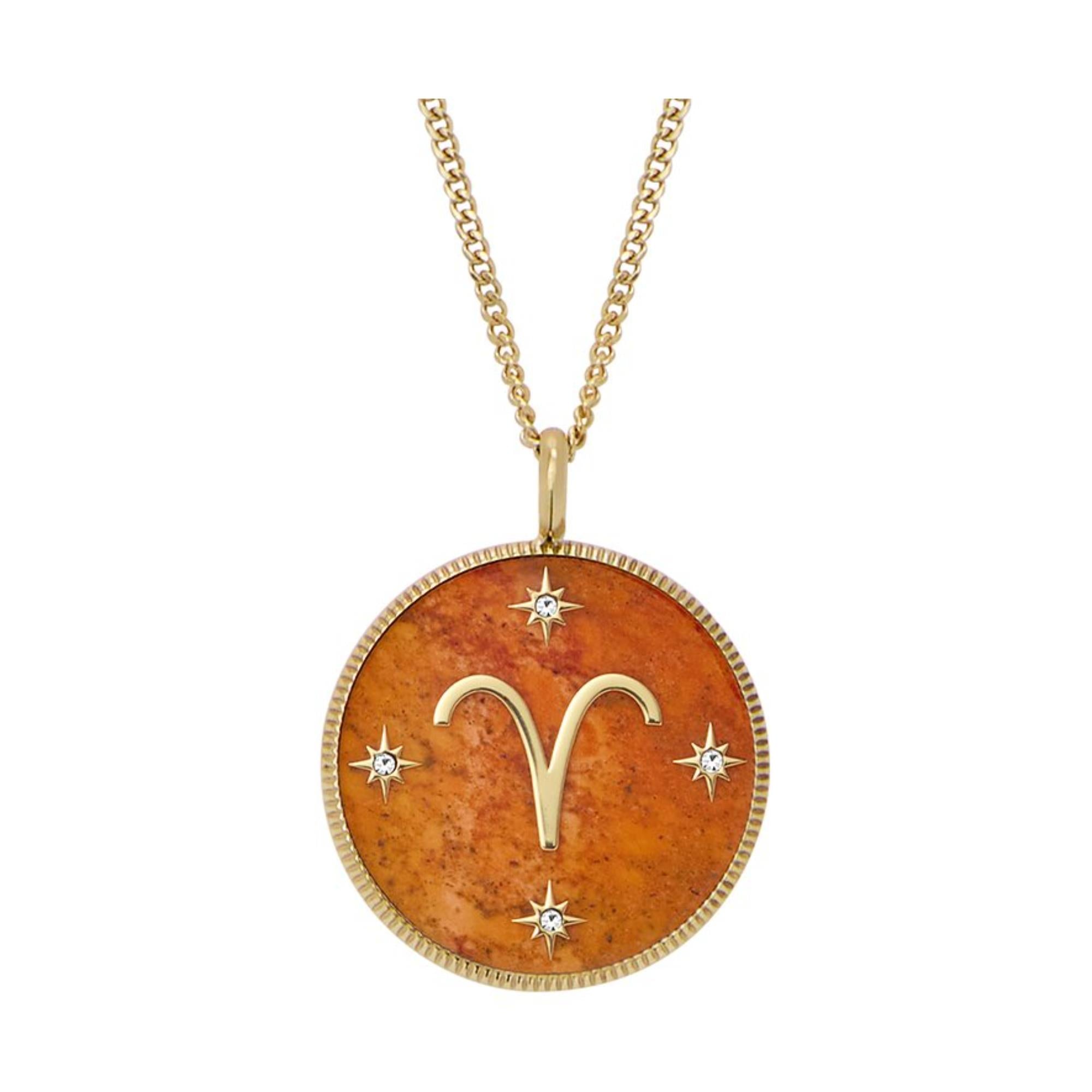 Fossil Written in the Stars Gold-Ton Edelstahl Roter Karneol Widder Anhänger Damenkette JF04838710