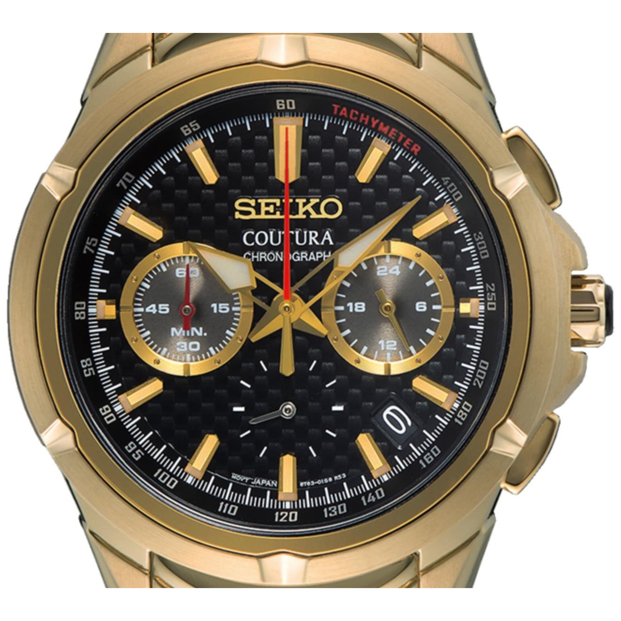 Gold Seiko Coutura watch with black face on a white background