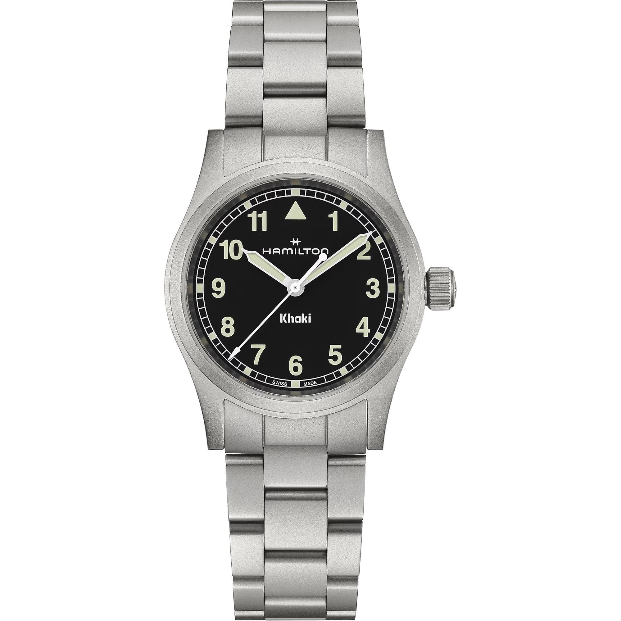 Hamilton Khaki Field 33mm black dial steel bracelet ladies quartz watch H69301130 front view