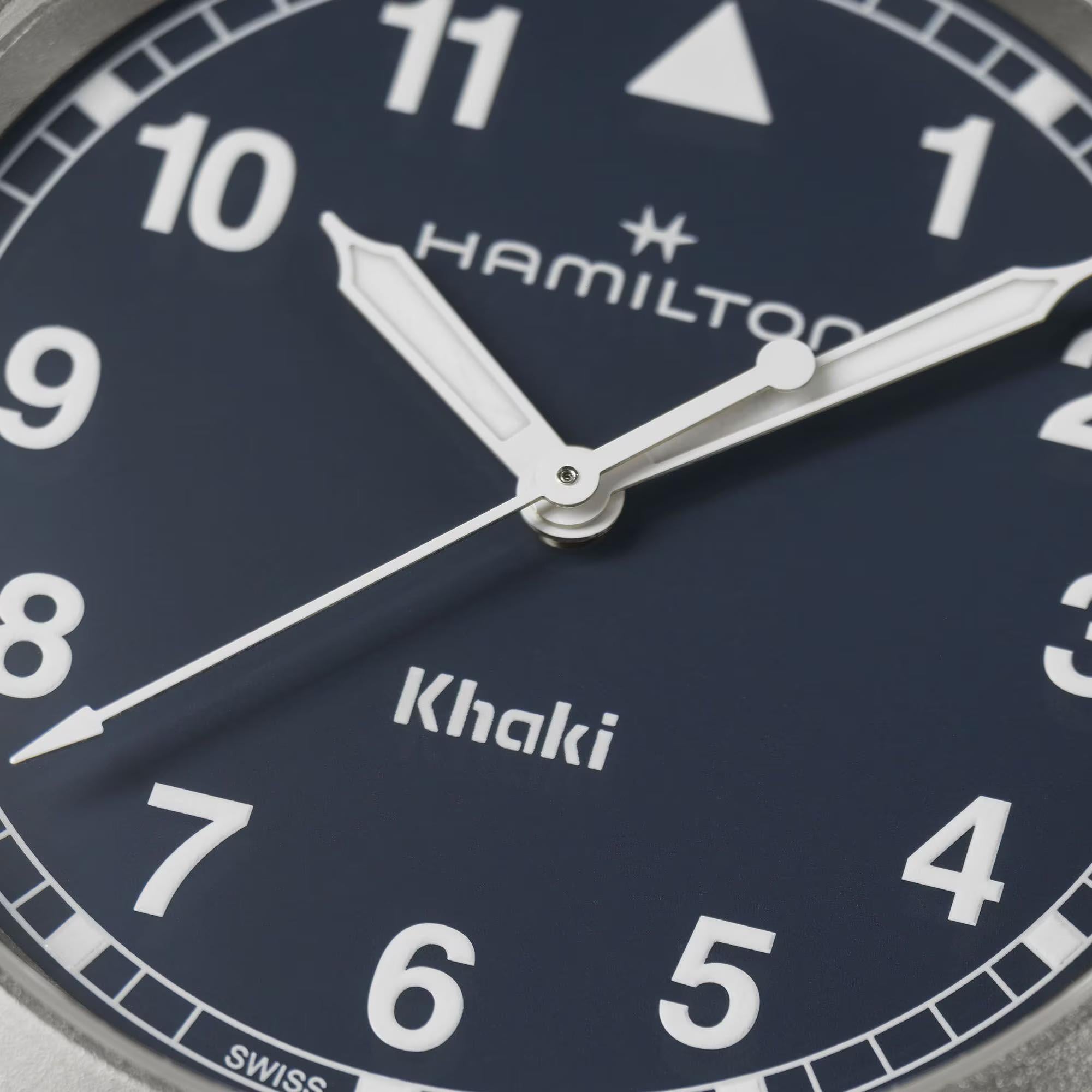 Hamilton Khaki Field H69401140 navy blue dial with bold Arabic numerals close-up