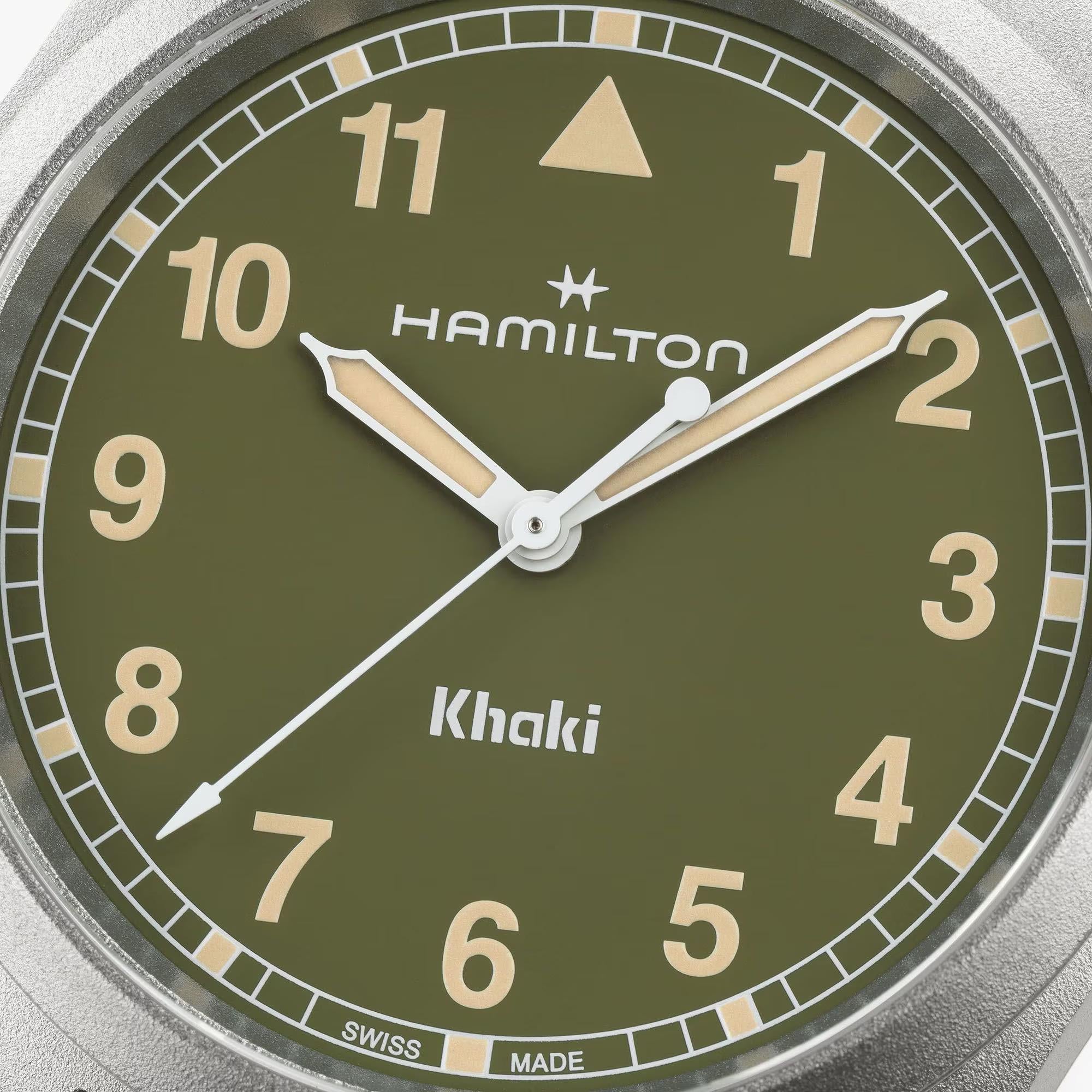 Hamilton Khaki Field H69401160 green dial with bold Arabic numerals close-up