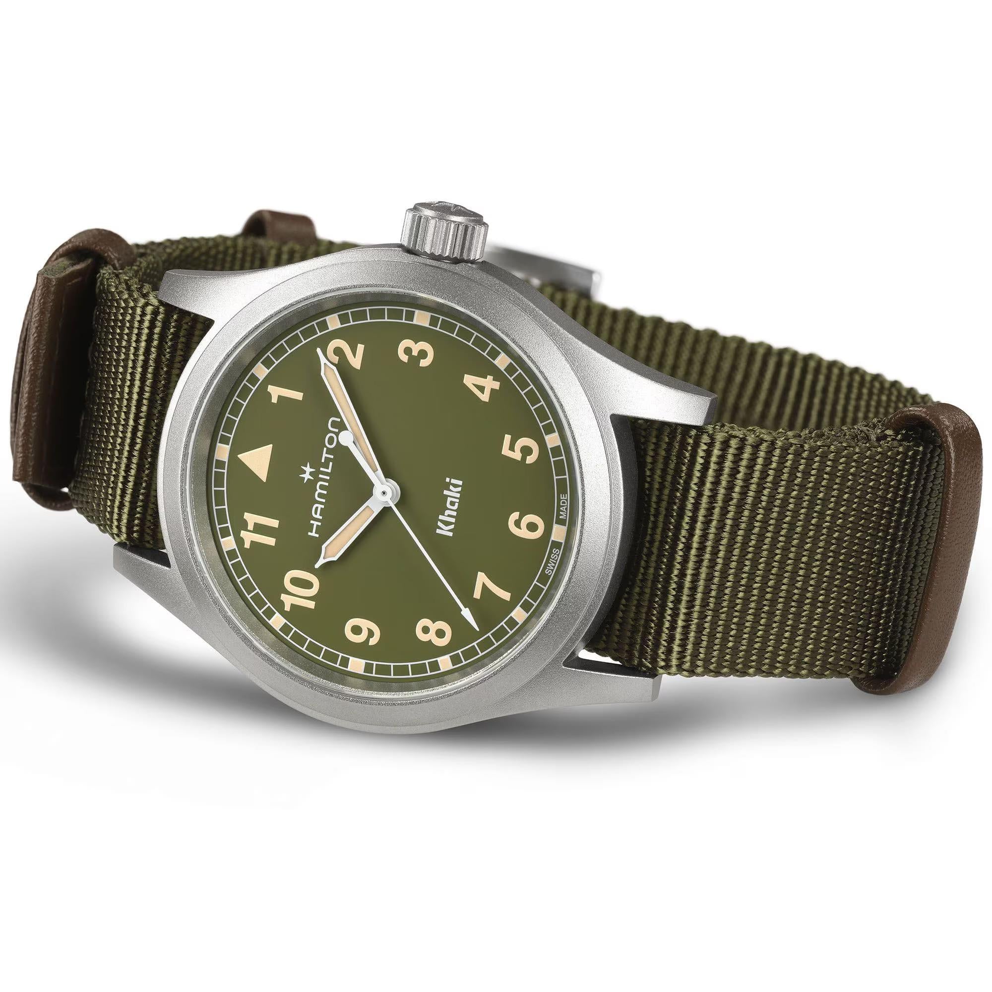 Hamilton Khaki Field H69401960 38mm green dial and green NATO strap close-up