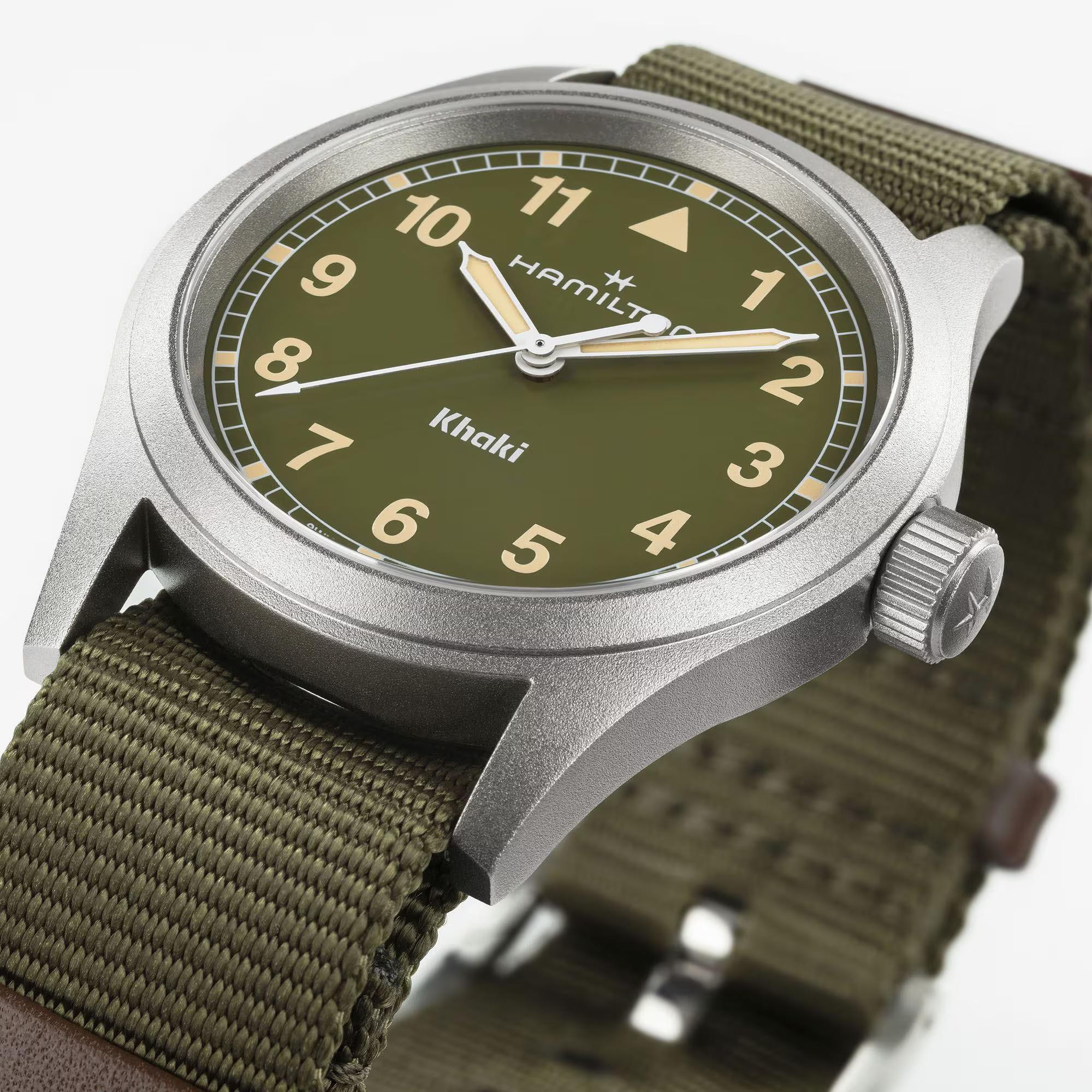 Hamilton Khaki Field H69401960 38mm green dial and pin buckle side view