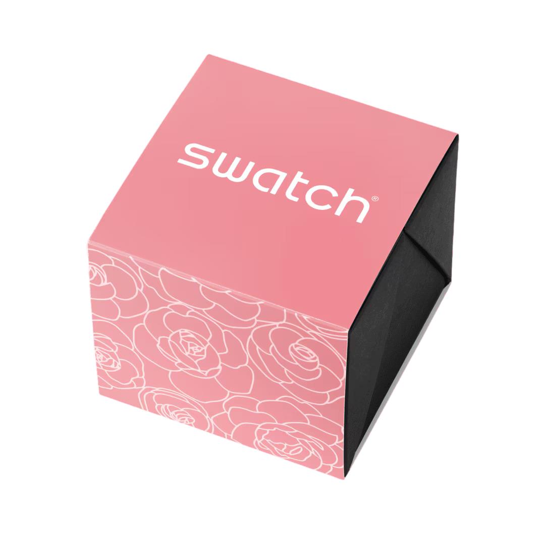 Swatch Petal Charm Pinkes Zifferblatt Edelstahlarmband Uhr YLS234G