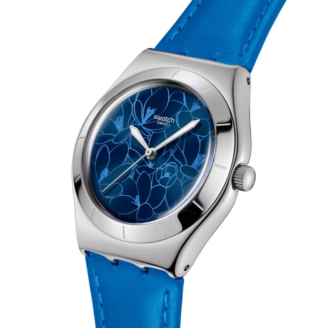 Swatch Blue Petal Promise Blue Dial Leather Strap Watch YLS235