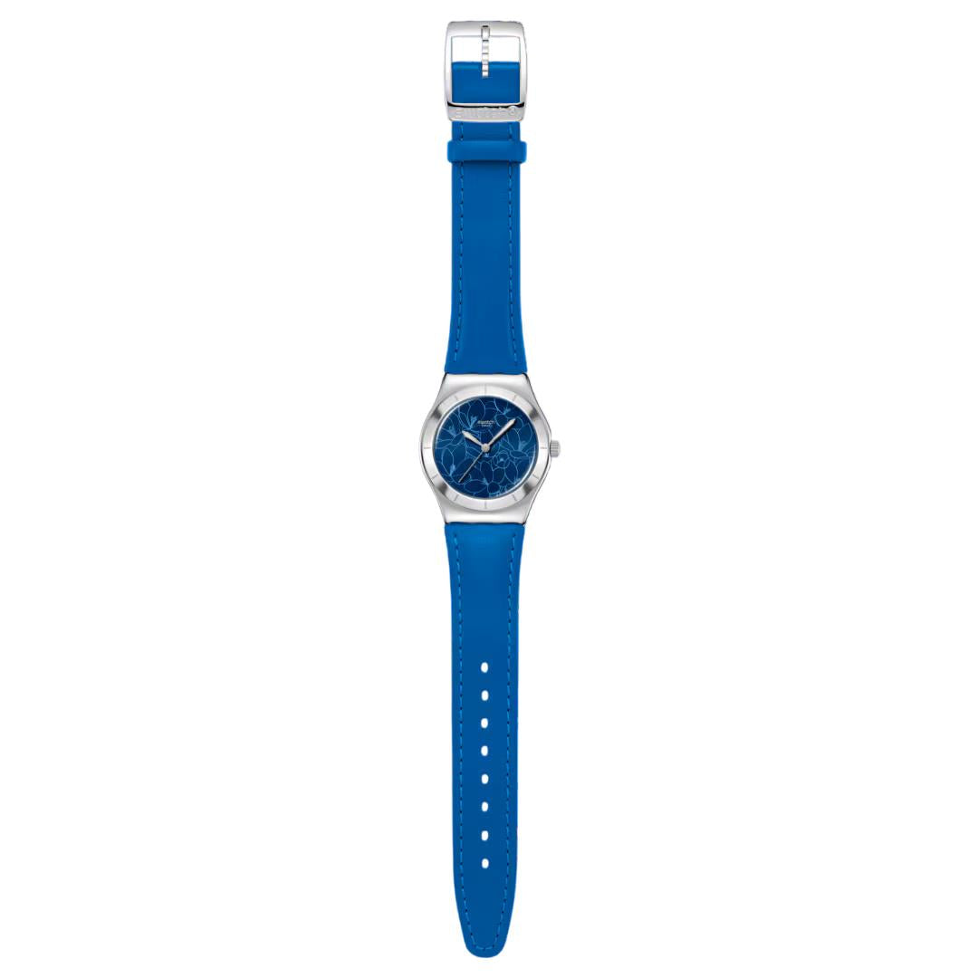 Swatch Blue Petal Promise Blue Dial Leather Strap Watch YLS235