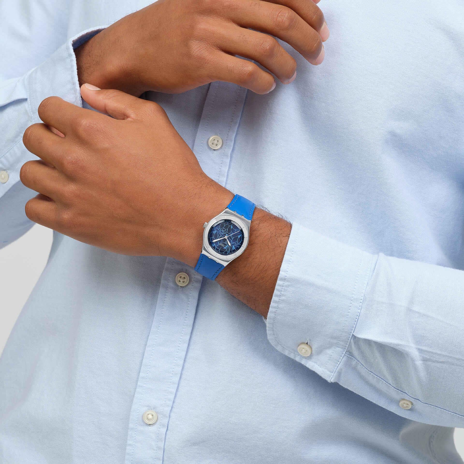 Swatch Blue Petal Promise Blue Dial Leather Strap Watch YLS235