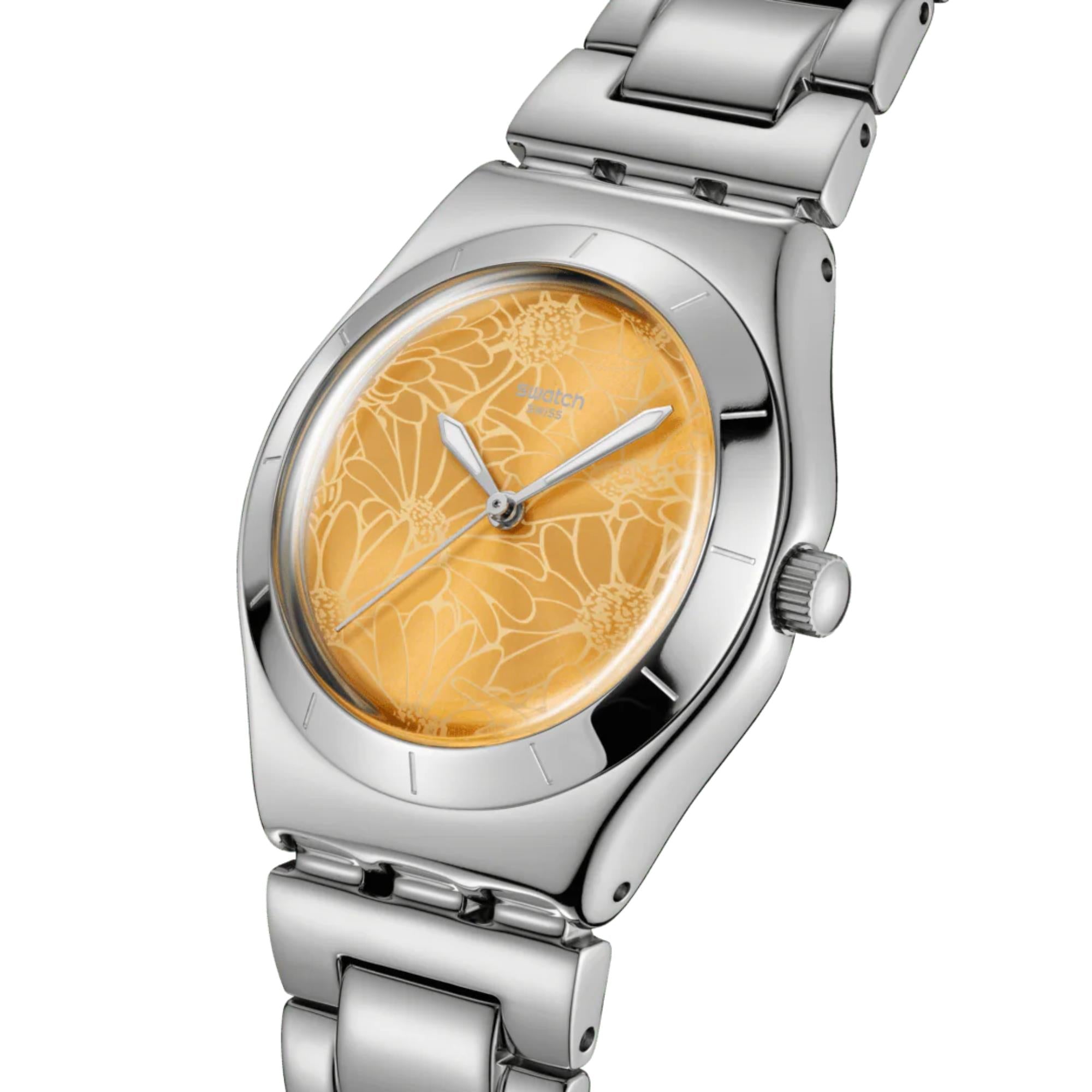 Swatch Petal Swirl Yellow Dial Steel Strap Watch YLS236G