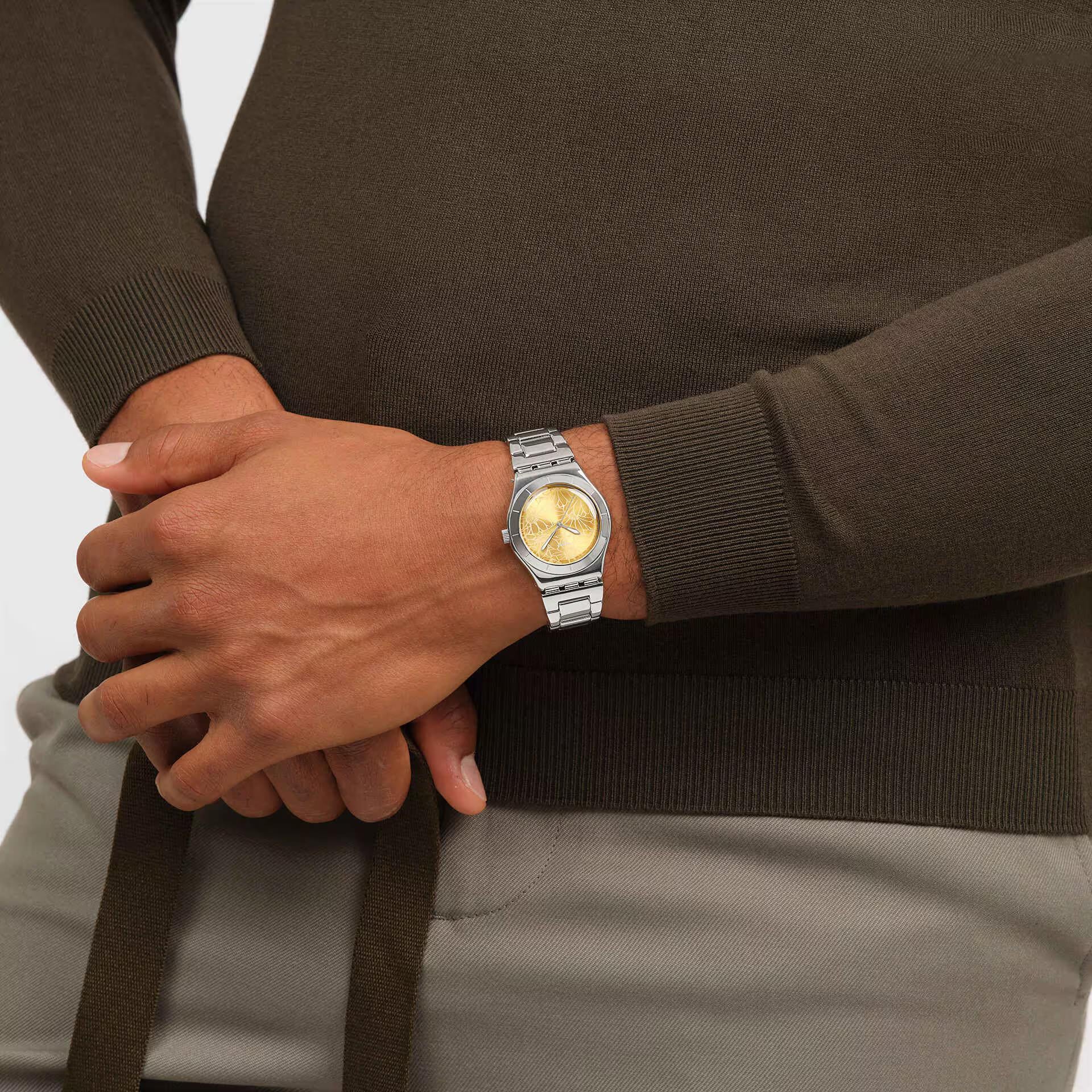 Swatch Petal Swirl Yellow Dial Steel Strap Watch YLS236G