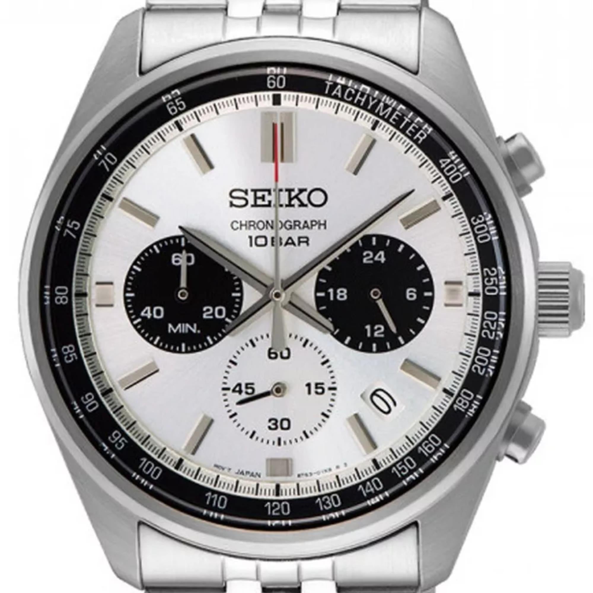 Close-up of Seiko SSB425P1 panda dial showing black sub-dials, tachymeter bezel and date window