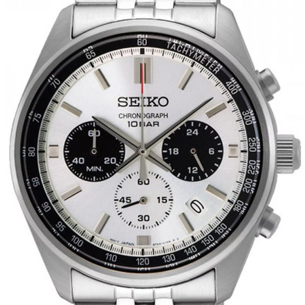 Close-up of Seiko SSB425P1 panda dial showing black sub-dials, tachymeter bezel and date window
