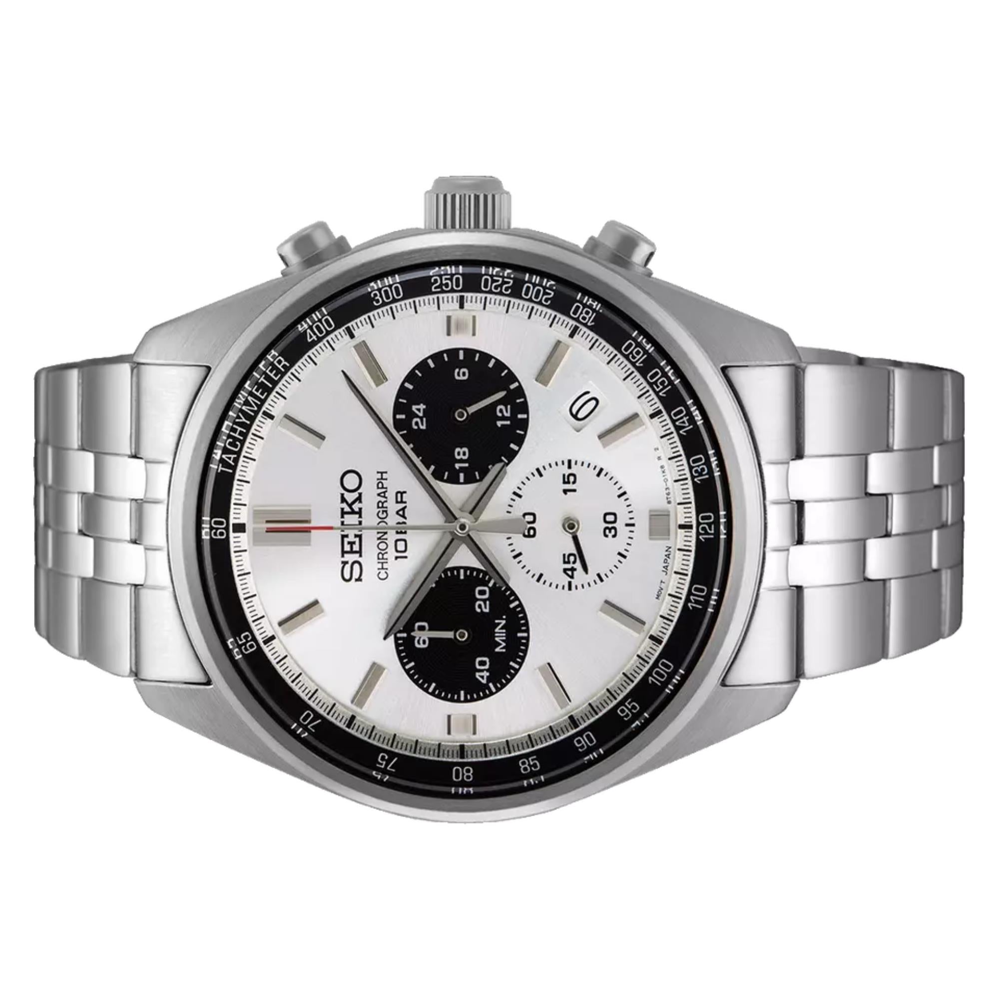 Close-up of Seiko SSB425P1 panda dial showing black sub-dials, tachymeter bezel and date window