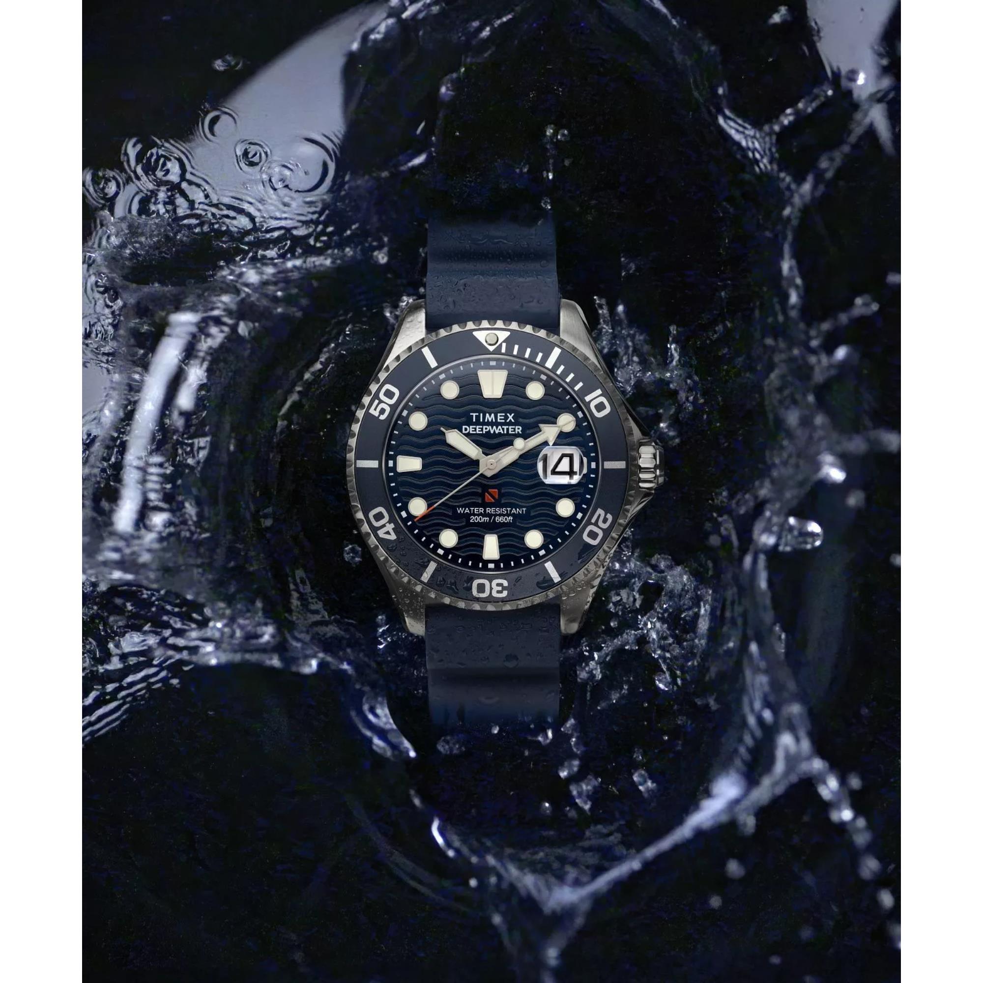 Timex Deep Water 44mm Blaues Zifferblatt Gummi Herren Quarz Uhr TW2W81500