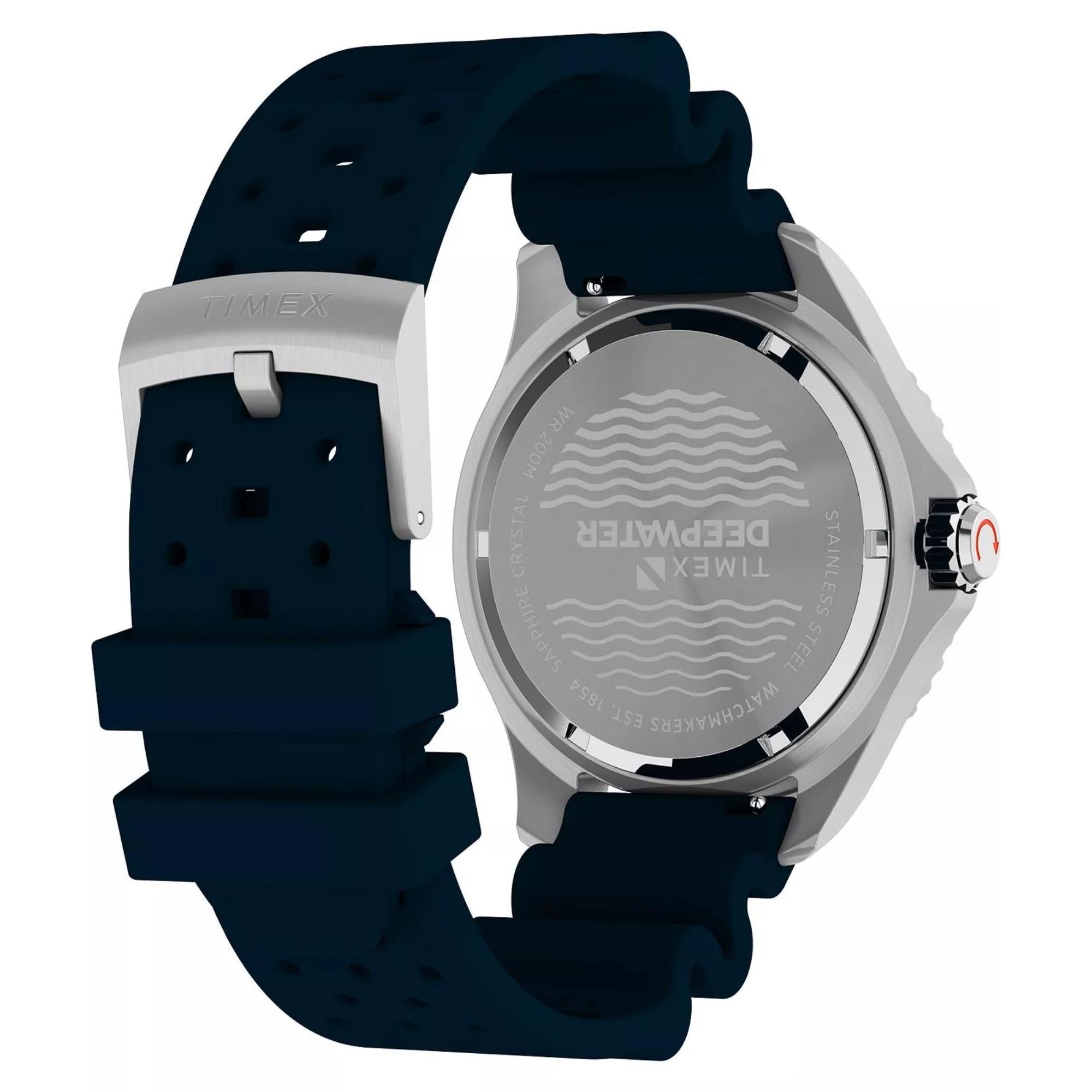 Timex Deep Water 44mm Blaues Zifferblatt Gummi Herren Quarz Uhr TW2W81500