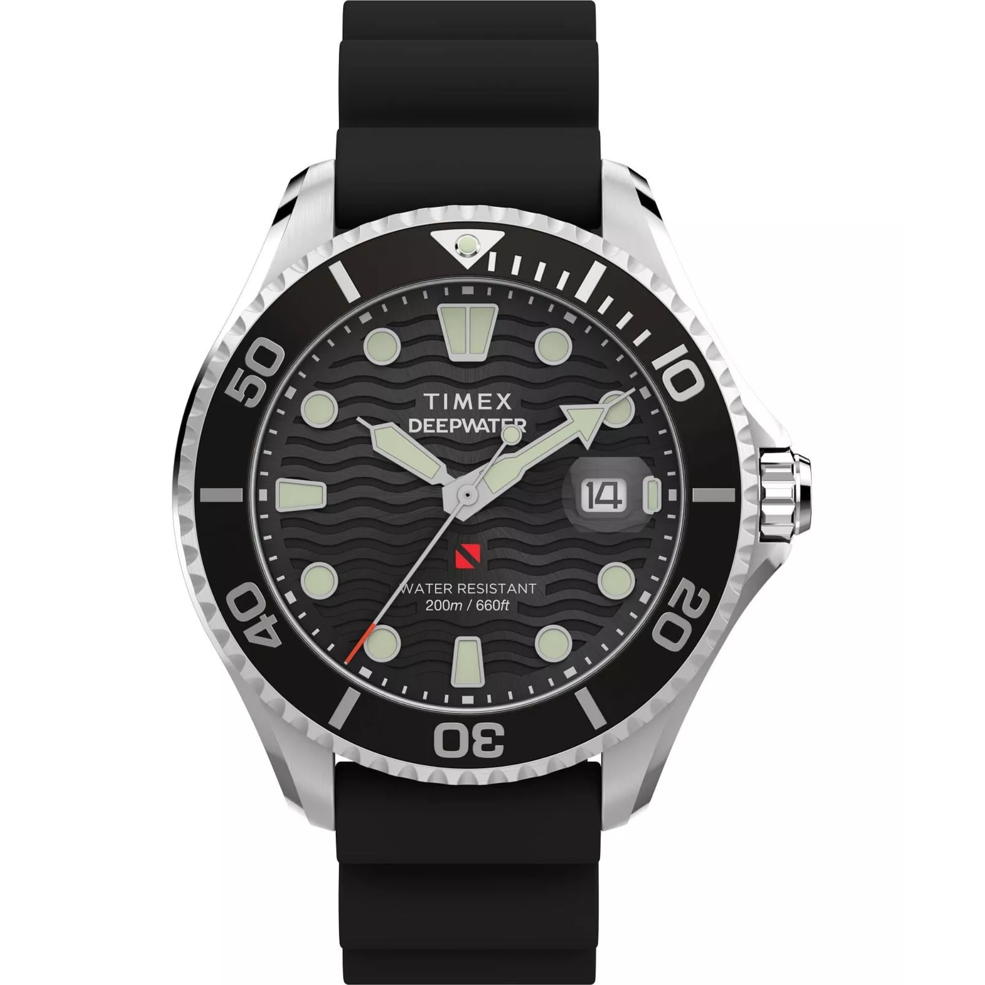 Timex Deep Water 44mm Schwarzes Zifferblatt Gummi Herren Quarz Uhr TW2W81600