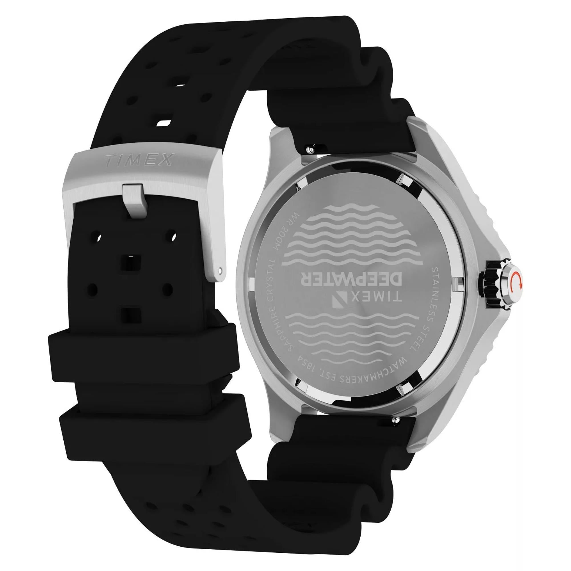 Timex Deep Water 44mm Schwarzes Zifferblatt Gummi Herren Quarz Uhr TW2W81600