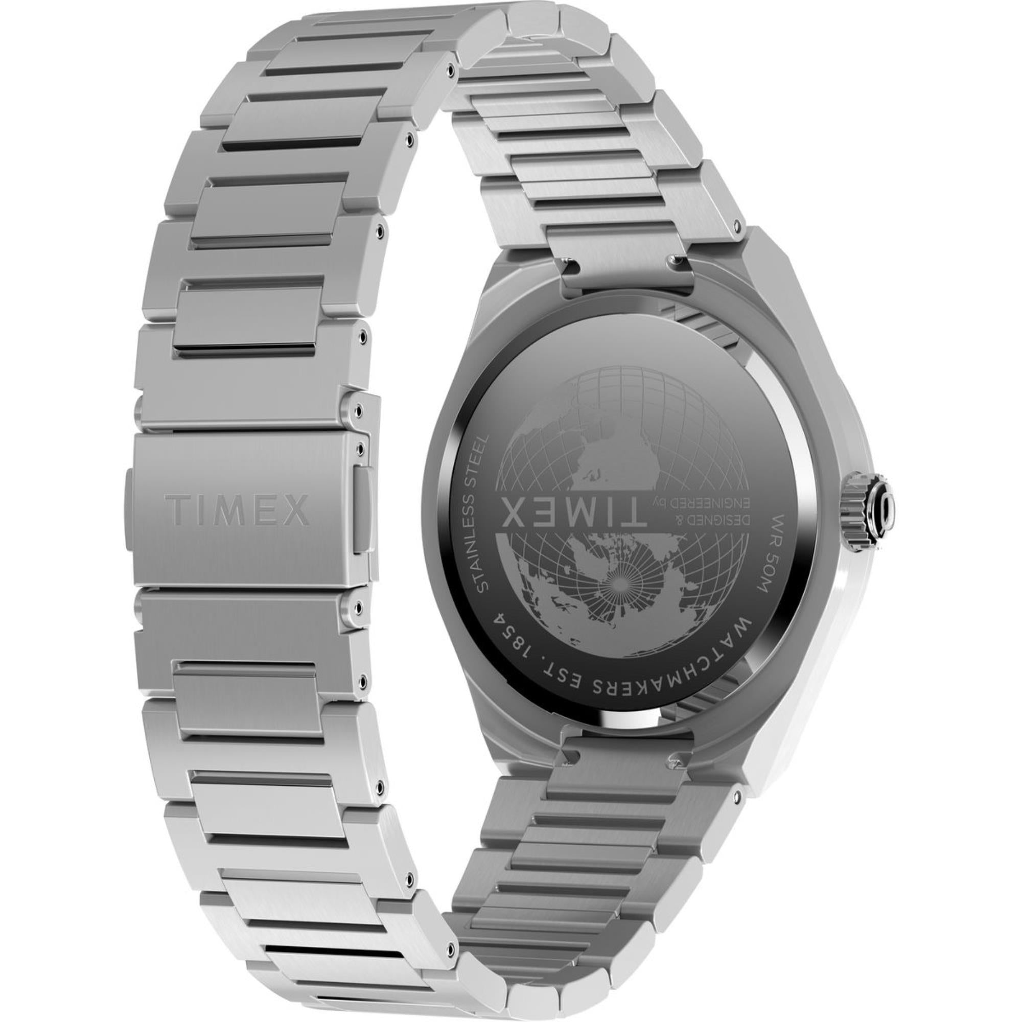 Timex Q Continental GMT Schwarzes Zifferblatt Edelstahlarmband Herren Uhr TW2Y12100