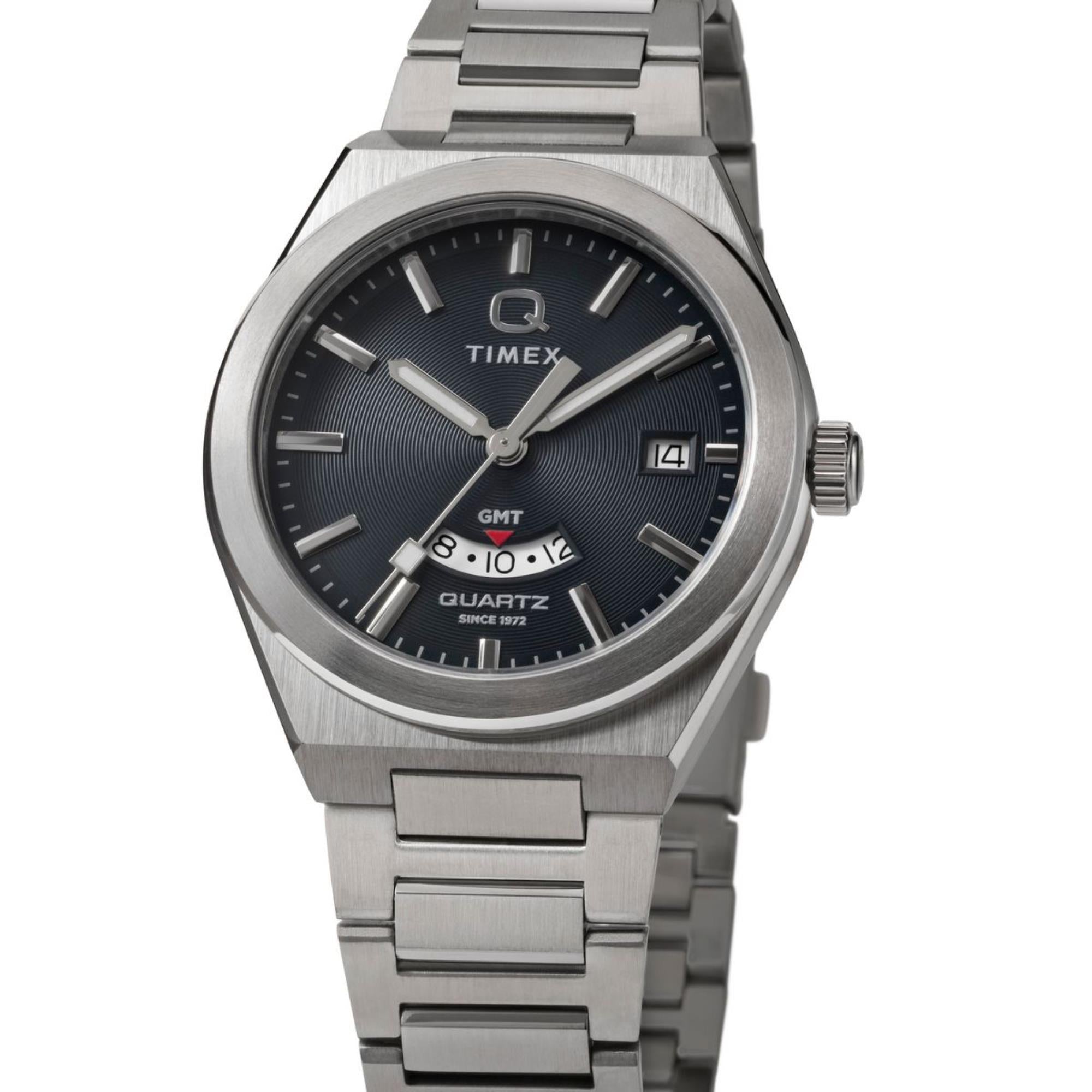 Timex Q Continental GMT Schwarzes Zifferblatt Edelstahlarmband Herren Uhr TW2Y12100