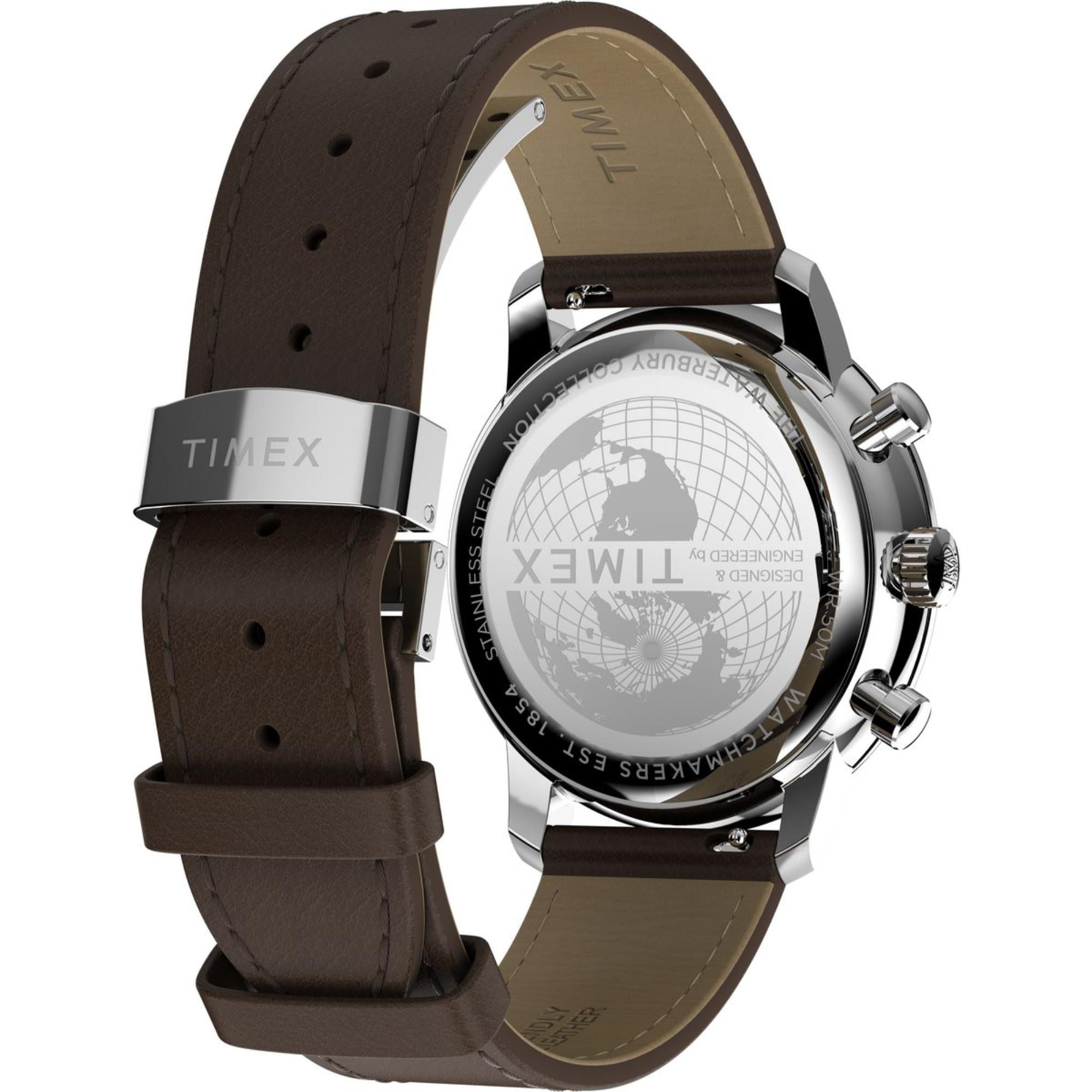 Timex Waterbury 41mm Chronograph Cream Dial Leather Mens Quartz Watch TW2Y23500