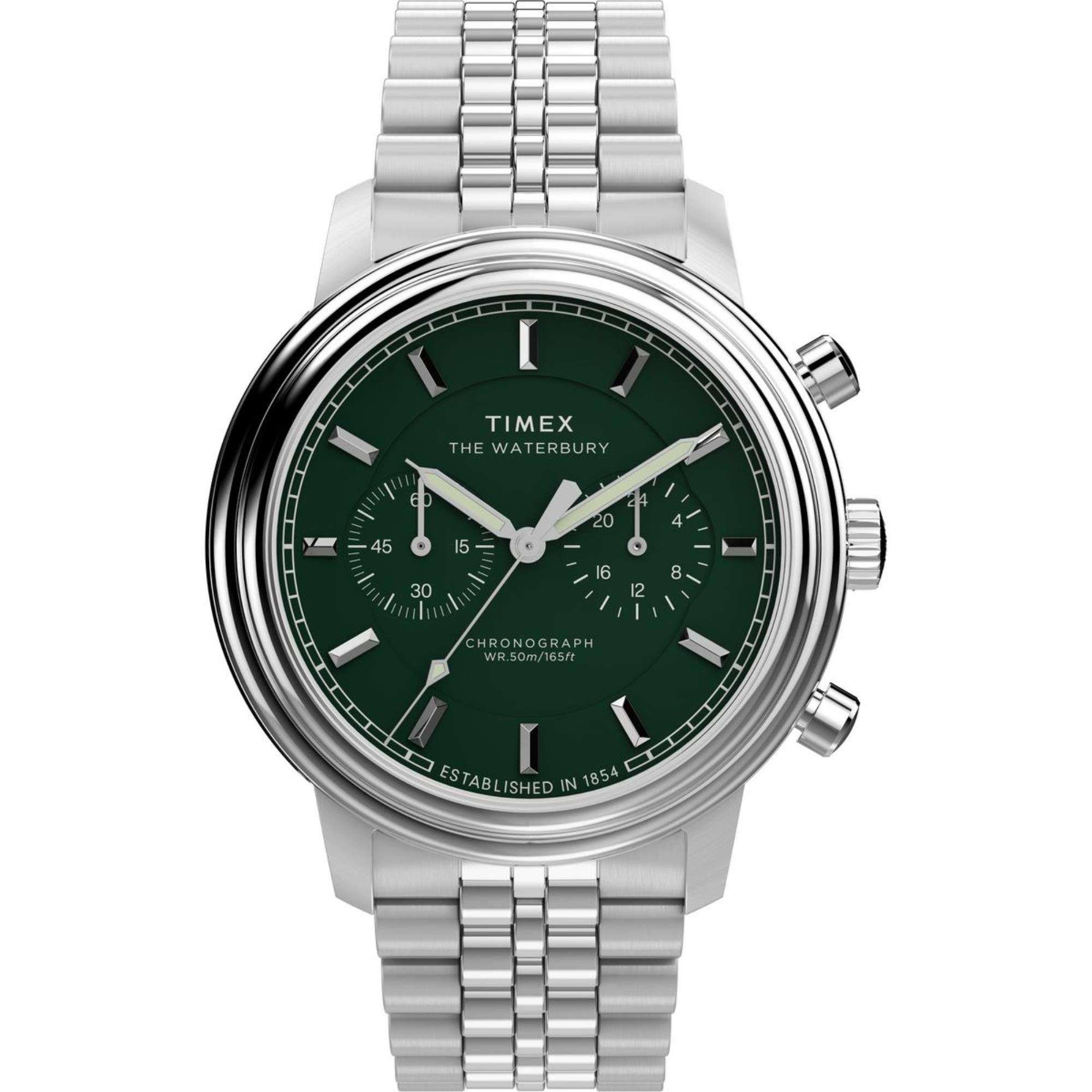 Timex Waterbury 41mm Chronograph Green Dial Steel Mens Quartz Watch TW2Y23600