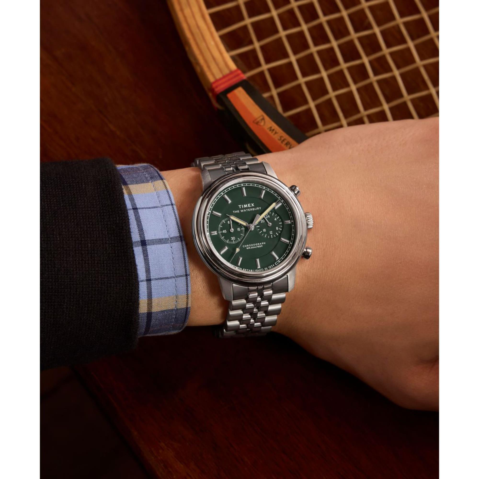 Timex Waterbury 41mm Chronograph Green Dial Steel Mens Quartz Watch TW2Y23600