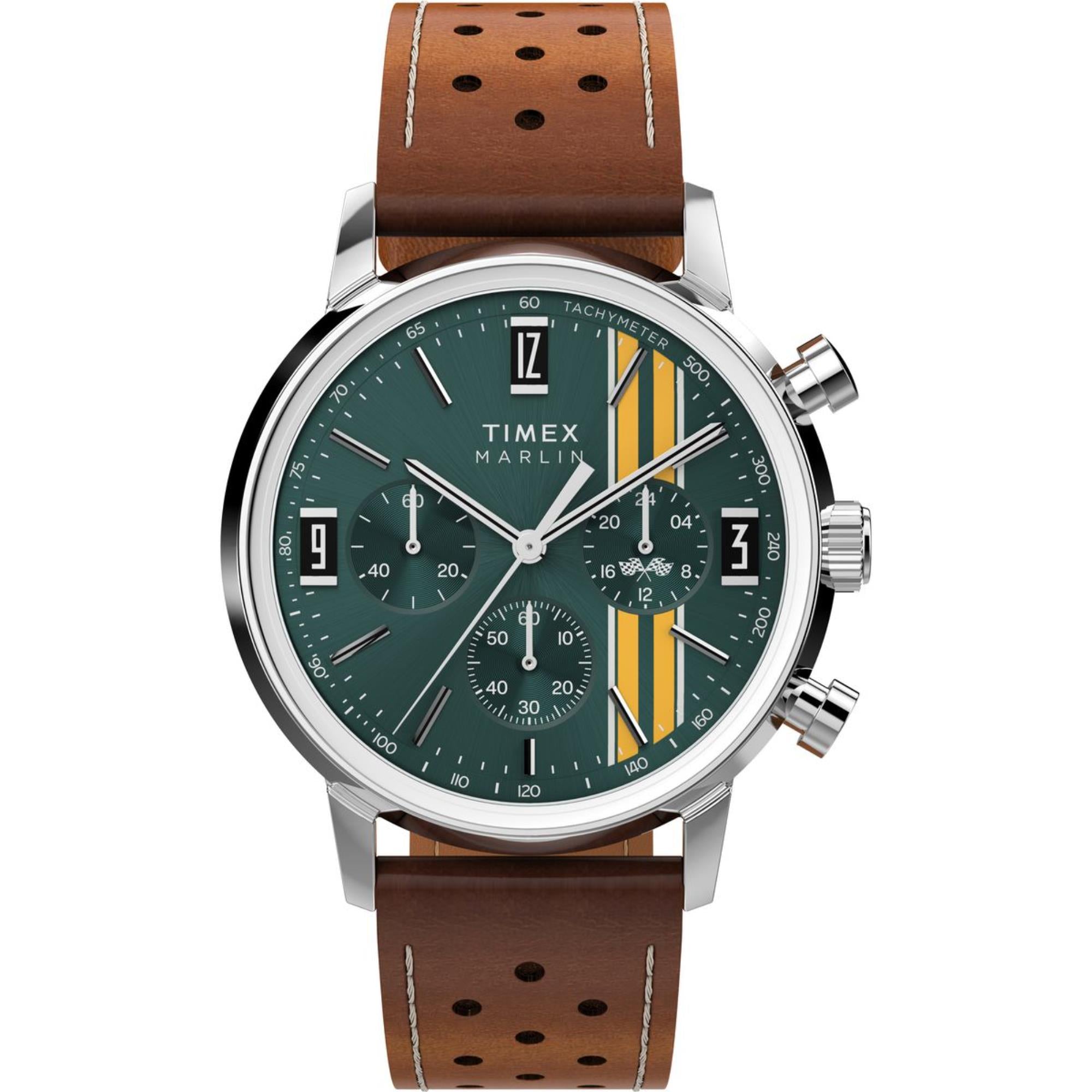 Timex Marlin Chronograph Tachymeter Grün Zifferblatt Lederarmband Herren Uhr TW2W99100