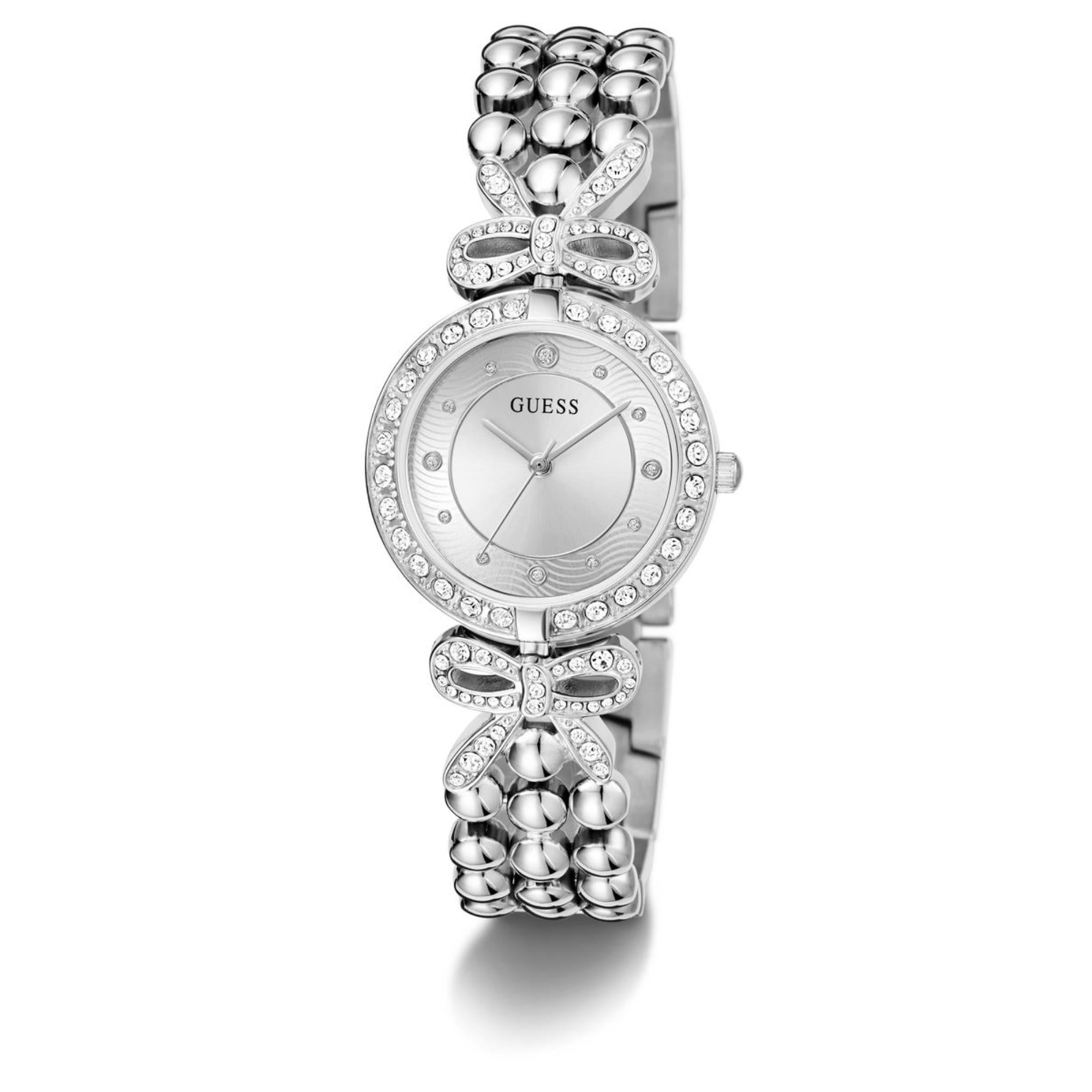 Guess Ribbon silbernes Zifferblatt Edelstahlarmband Damen Uhr GW0838L1
