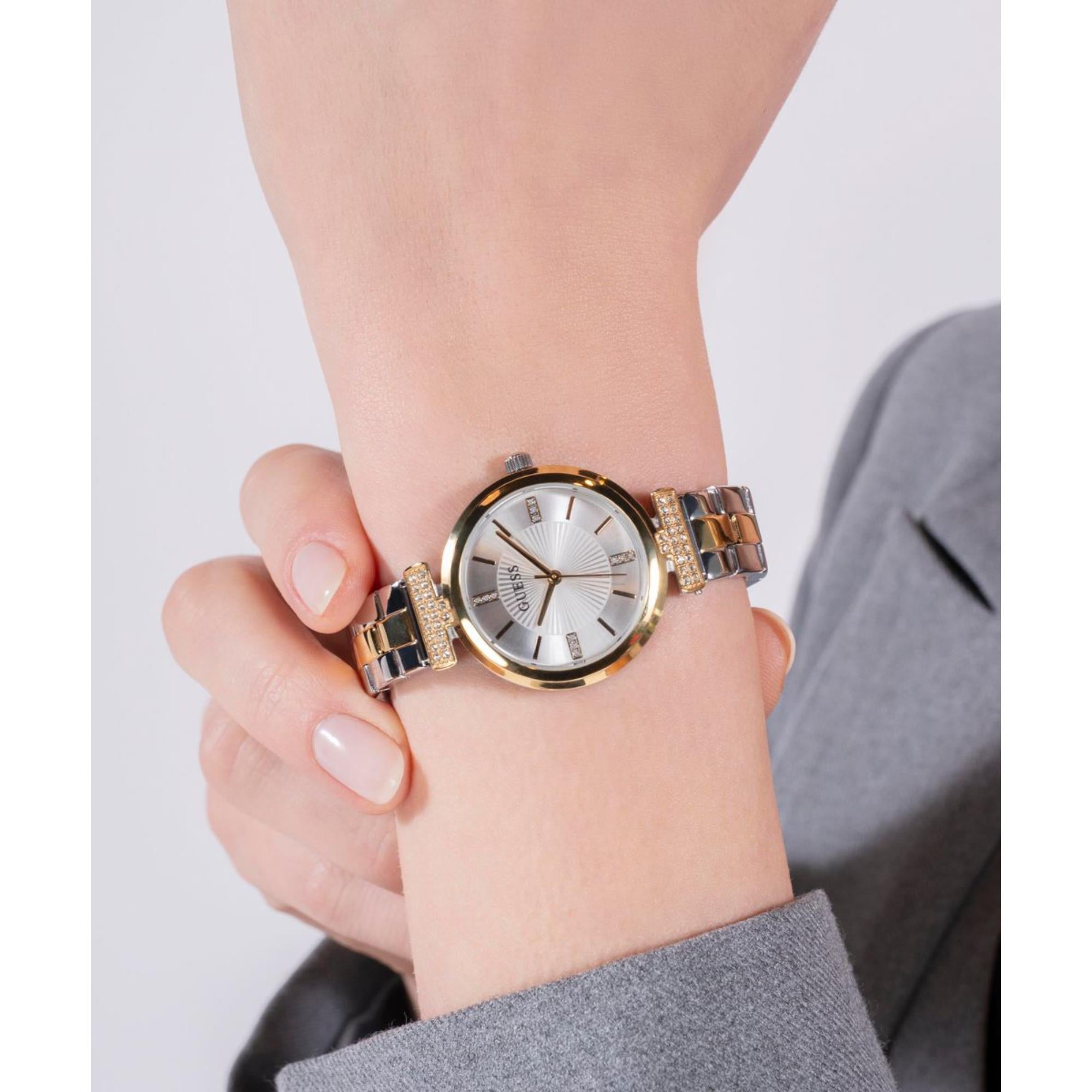 Guess Array Silbernes Zifferblatt Edelstahlarmband Damen Uhr GW0762L5