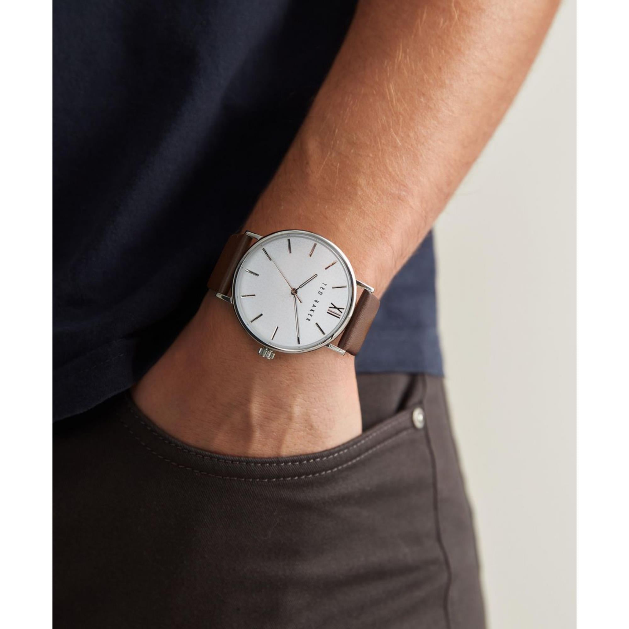 Ted Baker Phylipa Weißes Zifferblatt Lederarmband Herren Uhr BKPPGS215