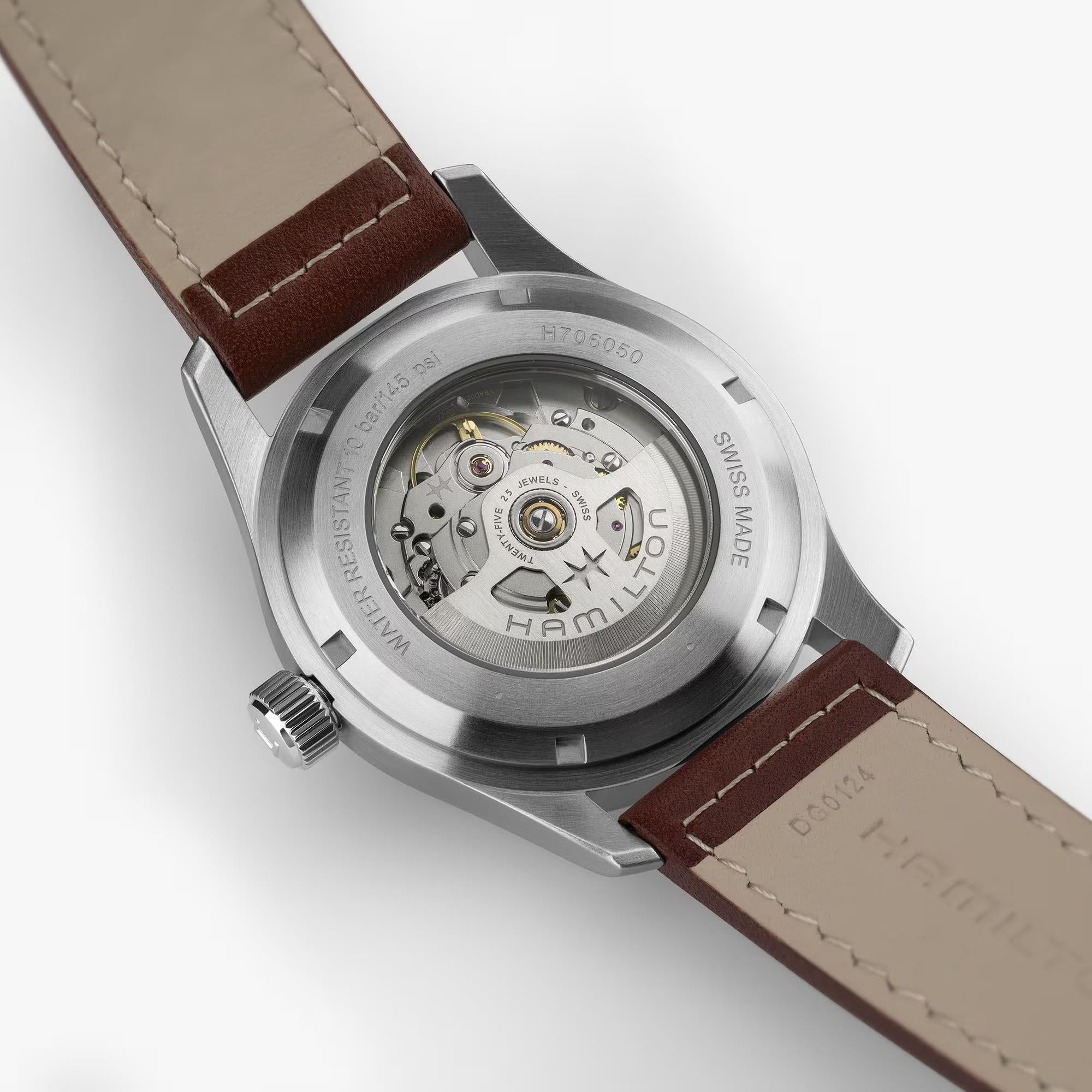 Hamilton Khaki Field H70605560 see-through caseback revealing H-10 movement