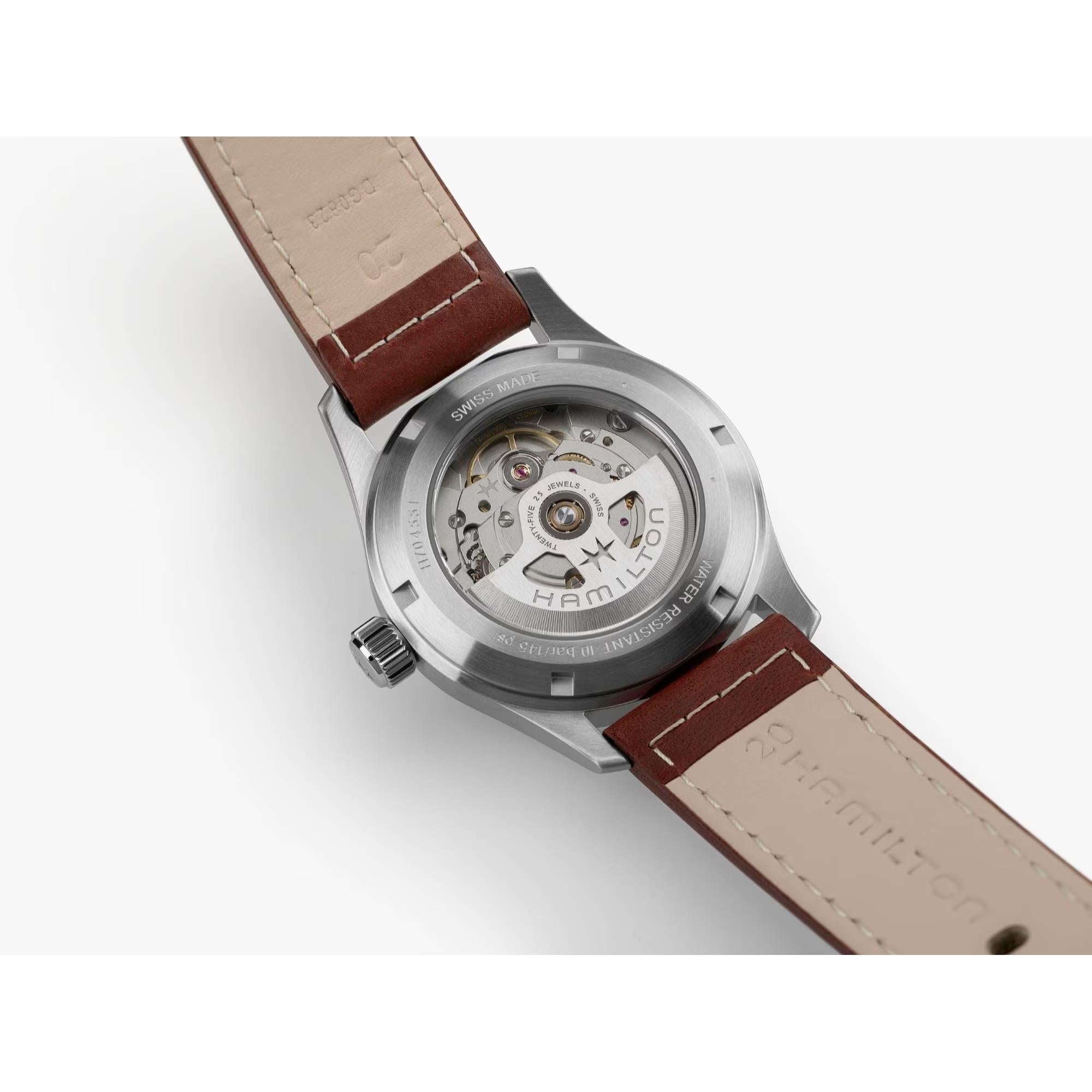 Hamilton Khaki Field H70455560 see-through caseback revealing H-10 movement