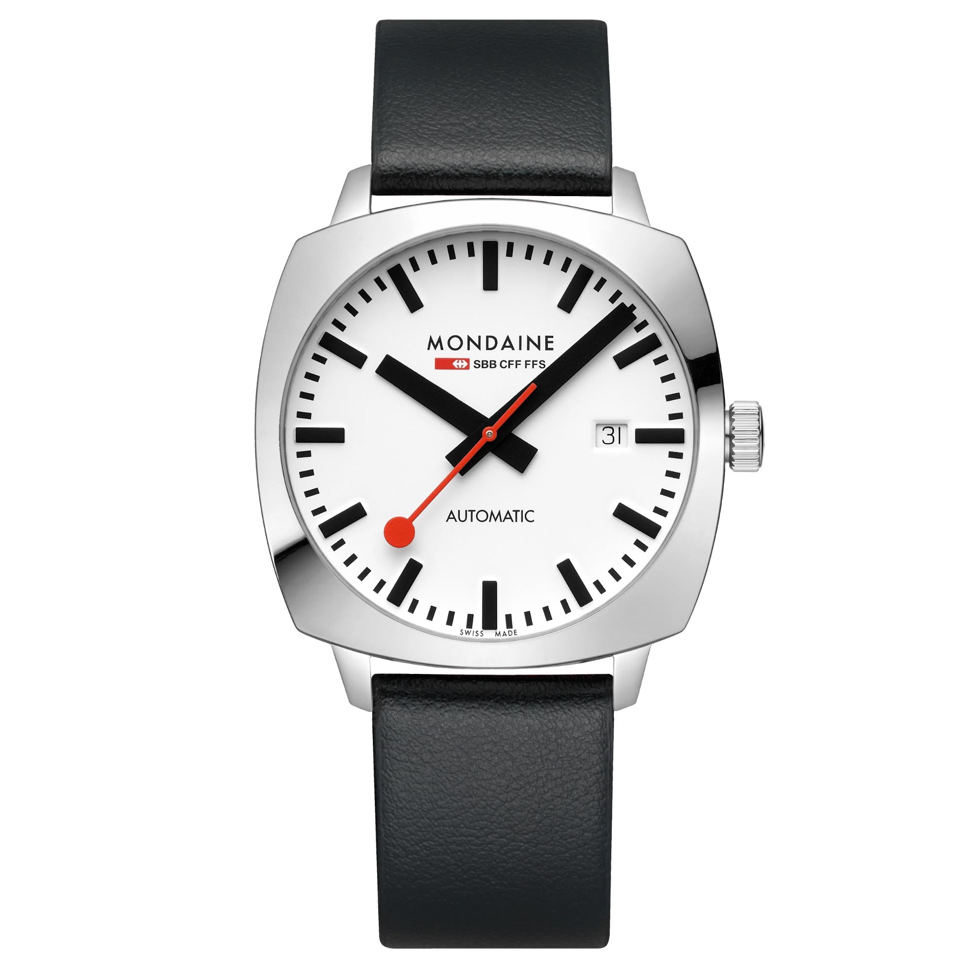 Mondaine Cushion 39mm Weißes Zifferblatt Leder Herren Automatik Uhr MSL.3961B.LBV