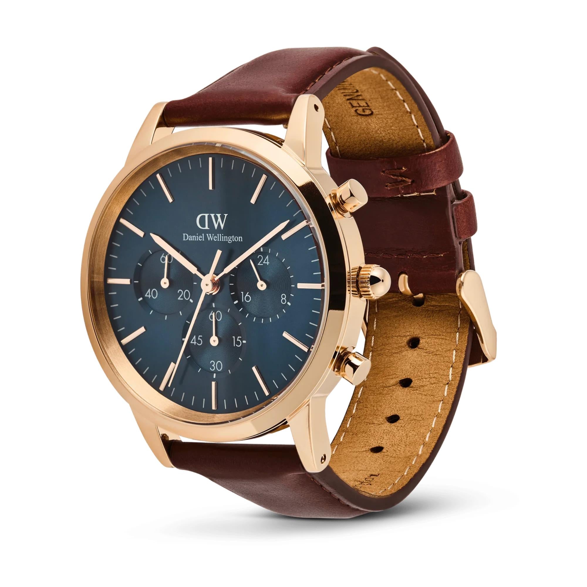 Daniel Wellington Iconic 42mm Chronograph Blaues Zifferblatt Leder Herren Quarz Uhr DW00100639