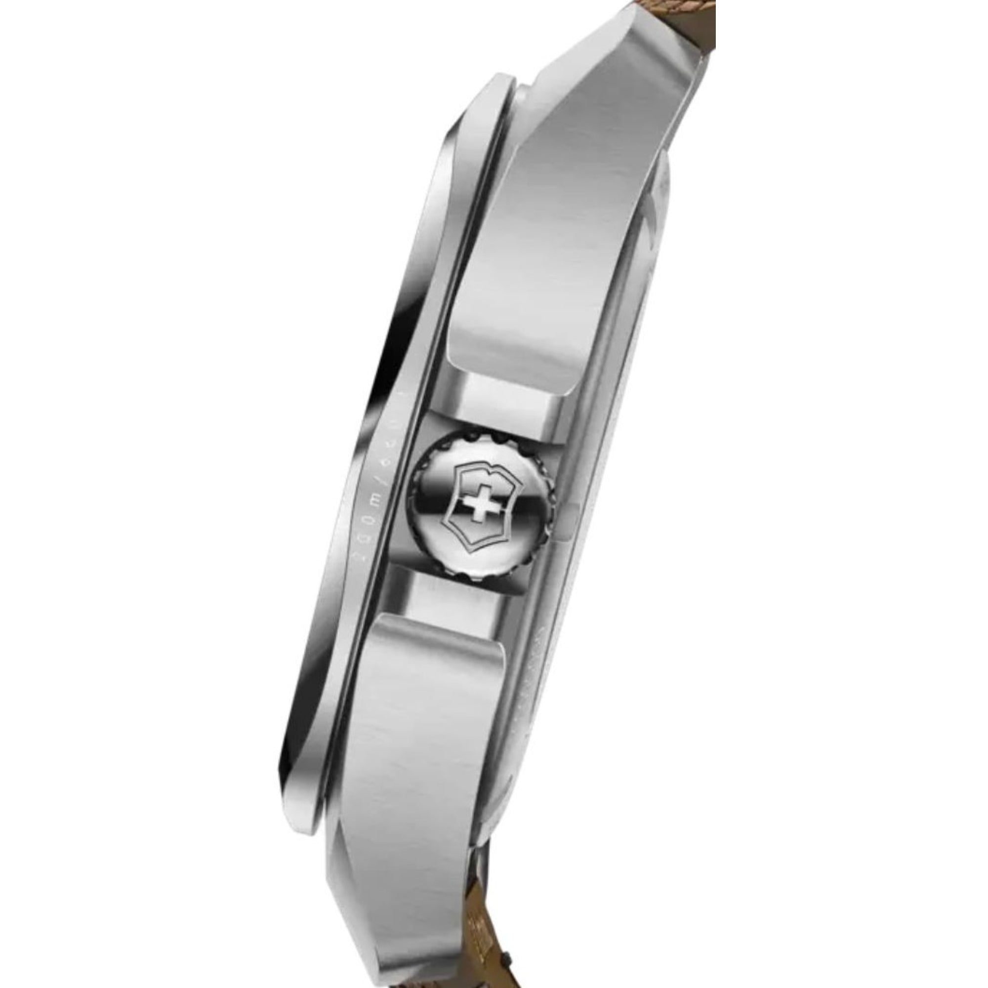 A side-profile view of a stainless steel Victorinox watch showing the textured crown engraved with the brand's logo and crown guards