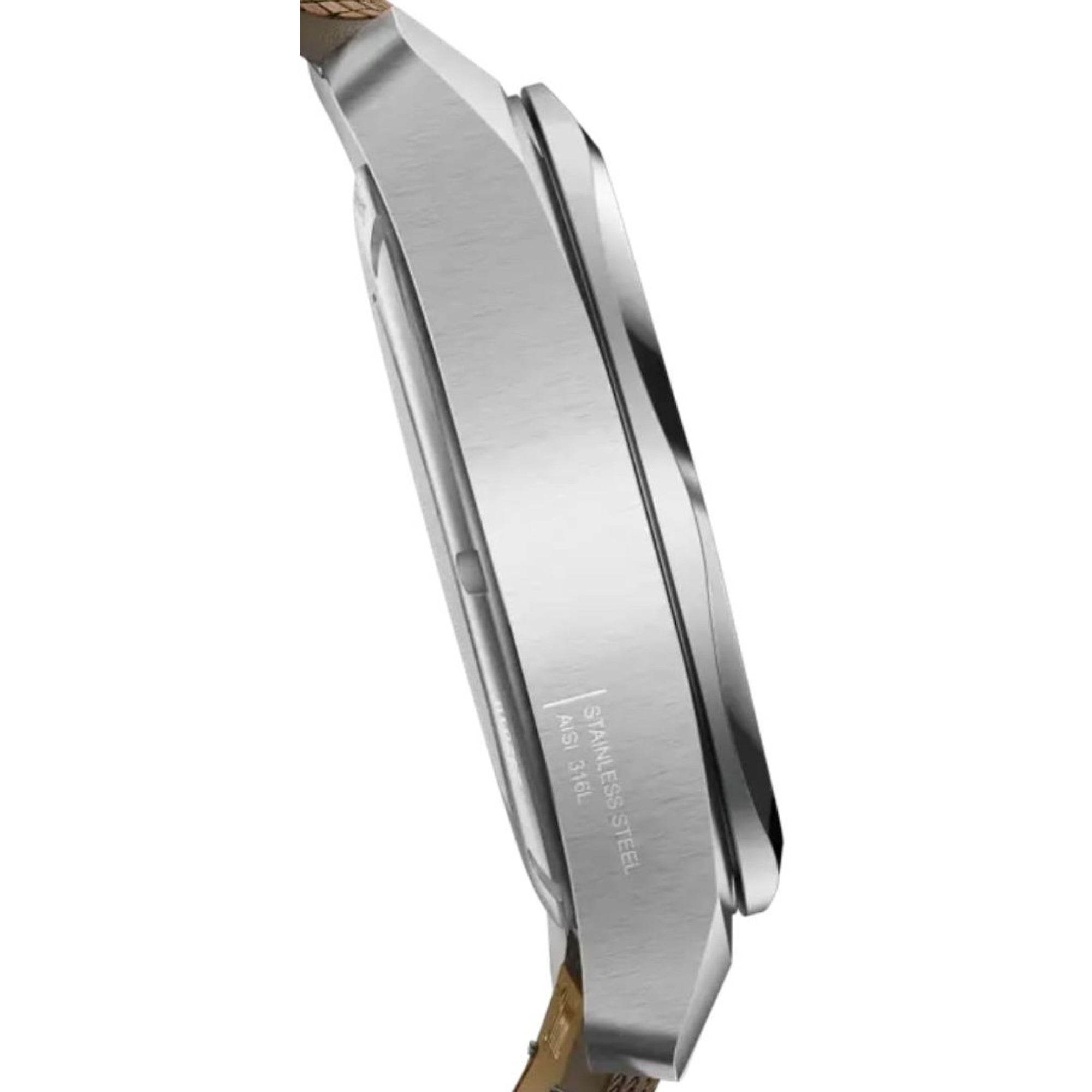 A side-profile view of a stainless steel Victorinox I.N.O.X. case, showing its brushed finish and "Stainless Steel AISI 316L" engraving.