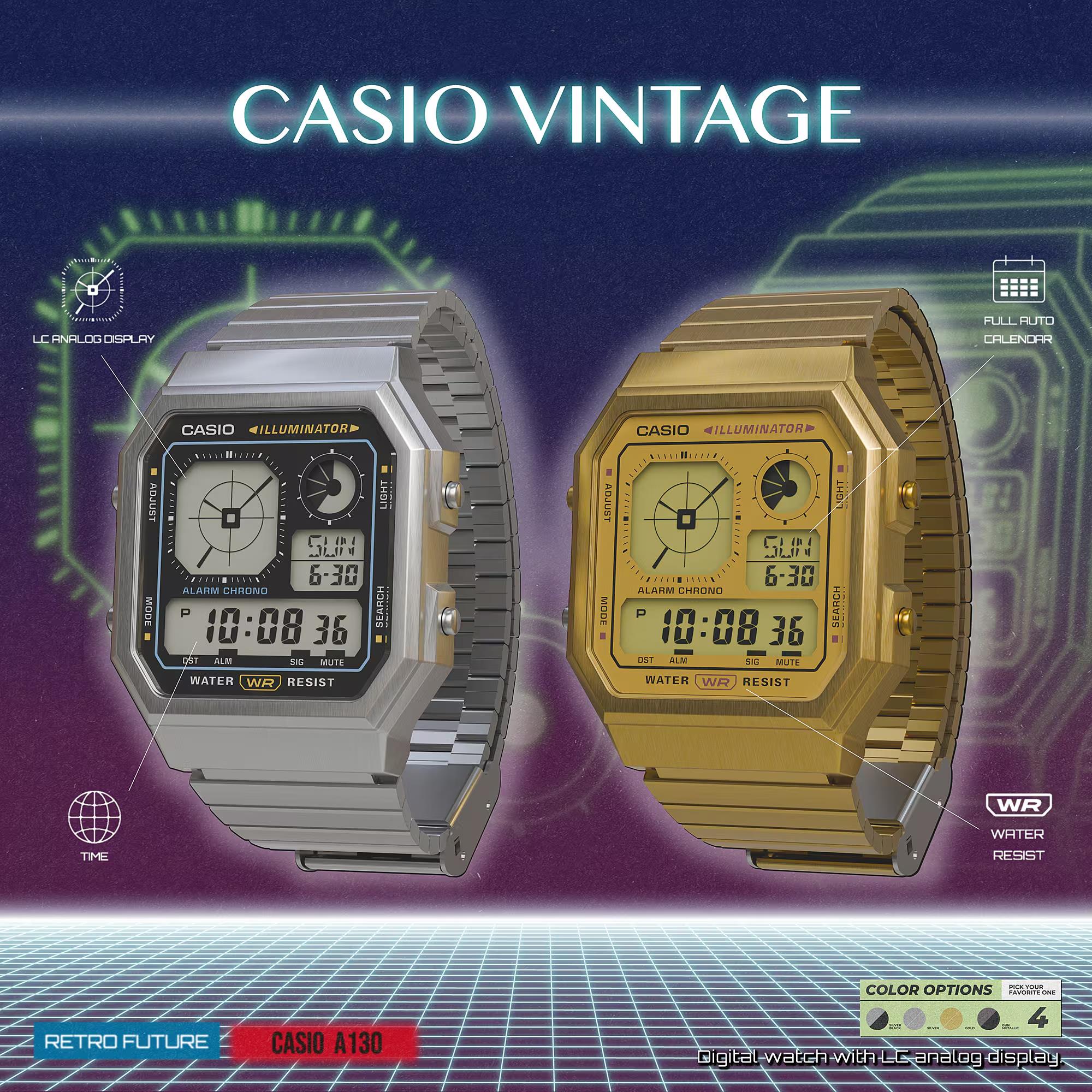 Casio Vintage Digital Stainless Steel Unisex Watch A130WE-1AEF