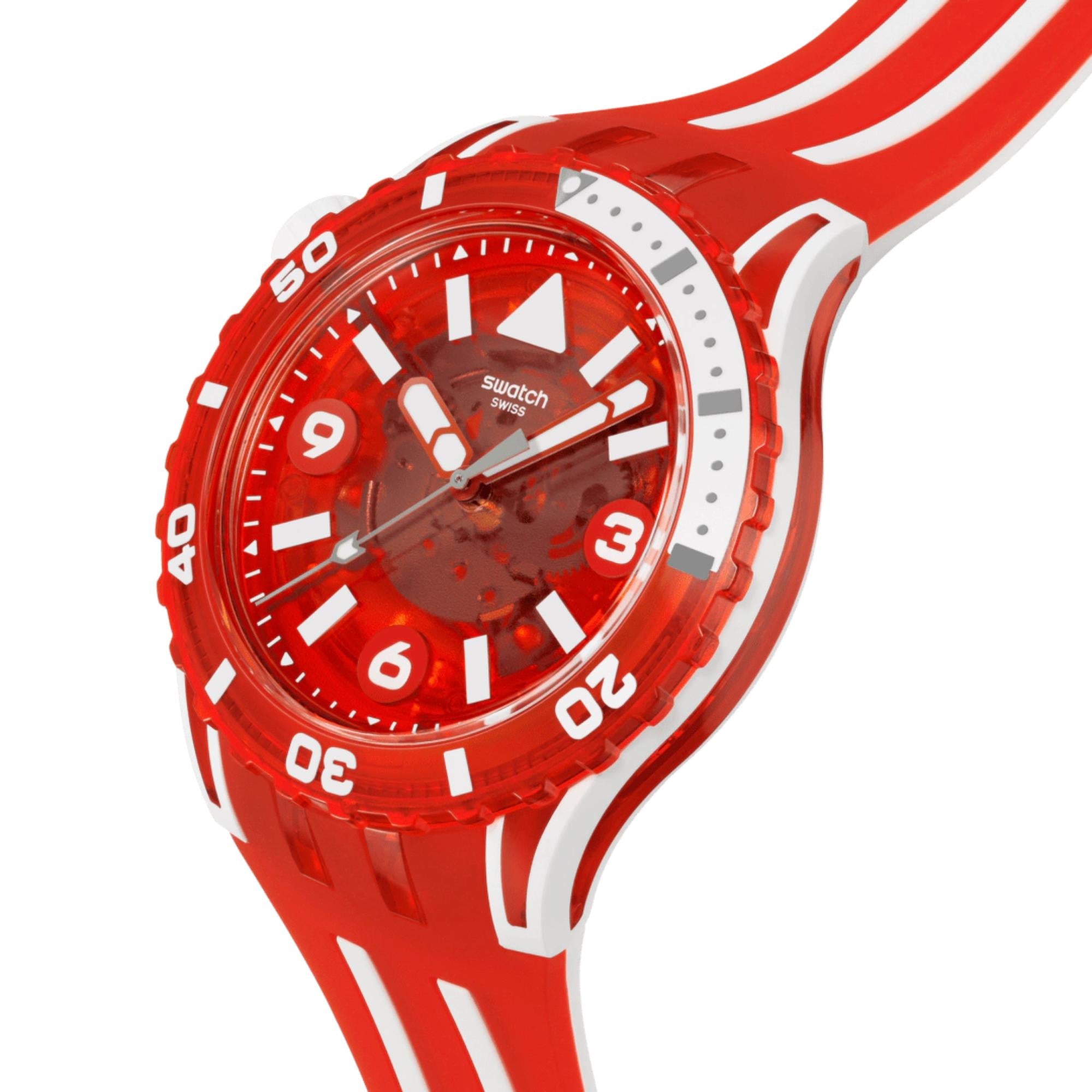 Swatch SCUBAQUA Löwenmähne Rotes Biokeramisches Zifferblatt Silikonarmband Uhr SSCU09R100