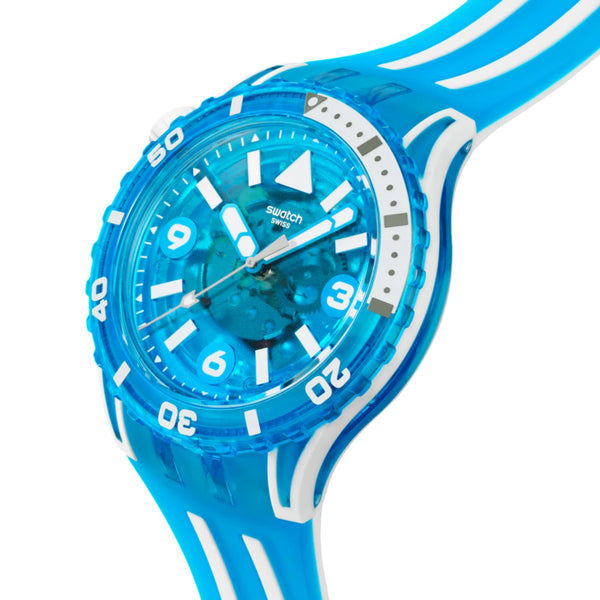 Swatch SCUBAQUA Blue Fire Blue Bioceramic Dial Silicone Strap Watch SSCU09S100