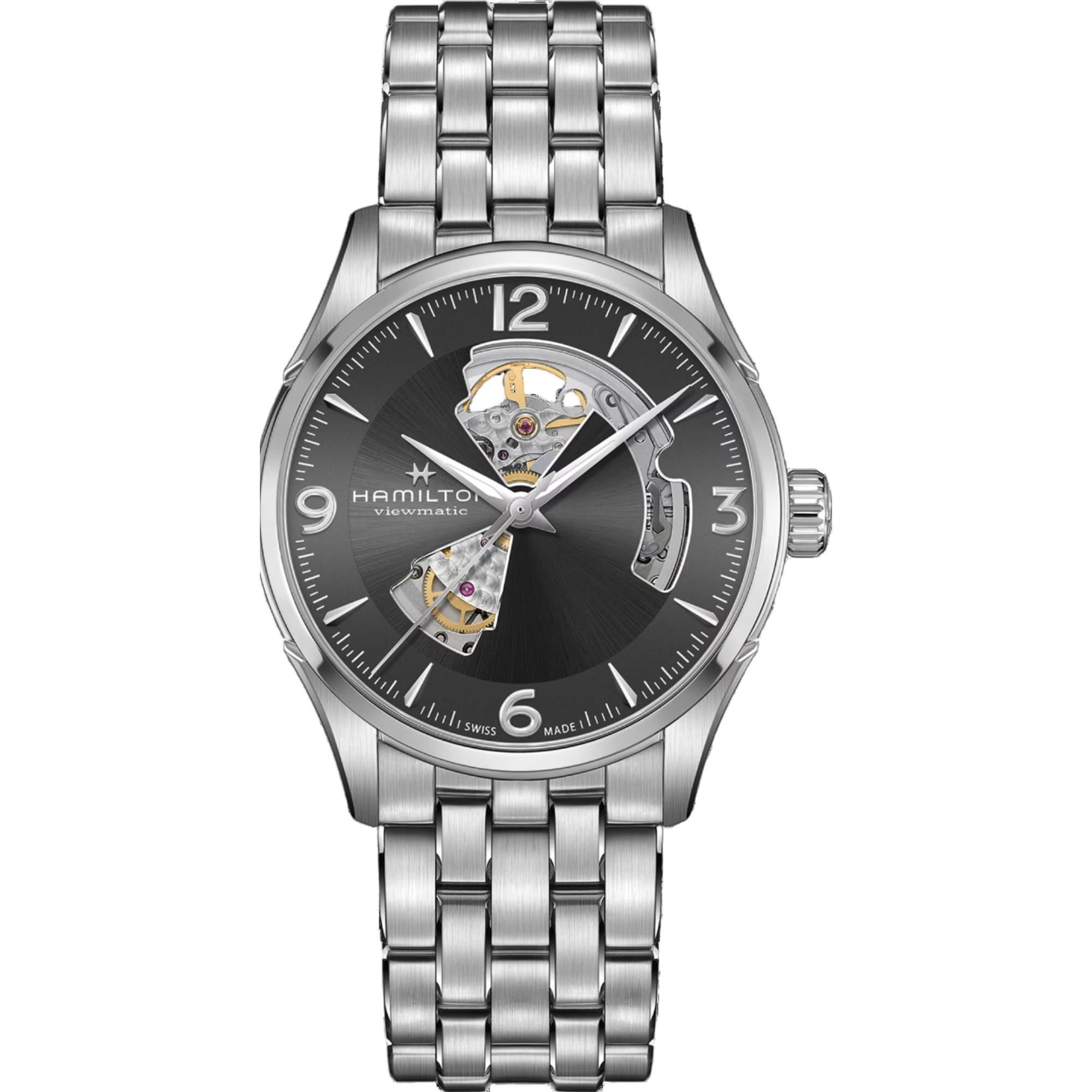 Hamilton Jazzmaster 42mm Open Heart grey dial steel bracelet automatic watch H32705181 front view