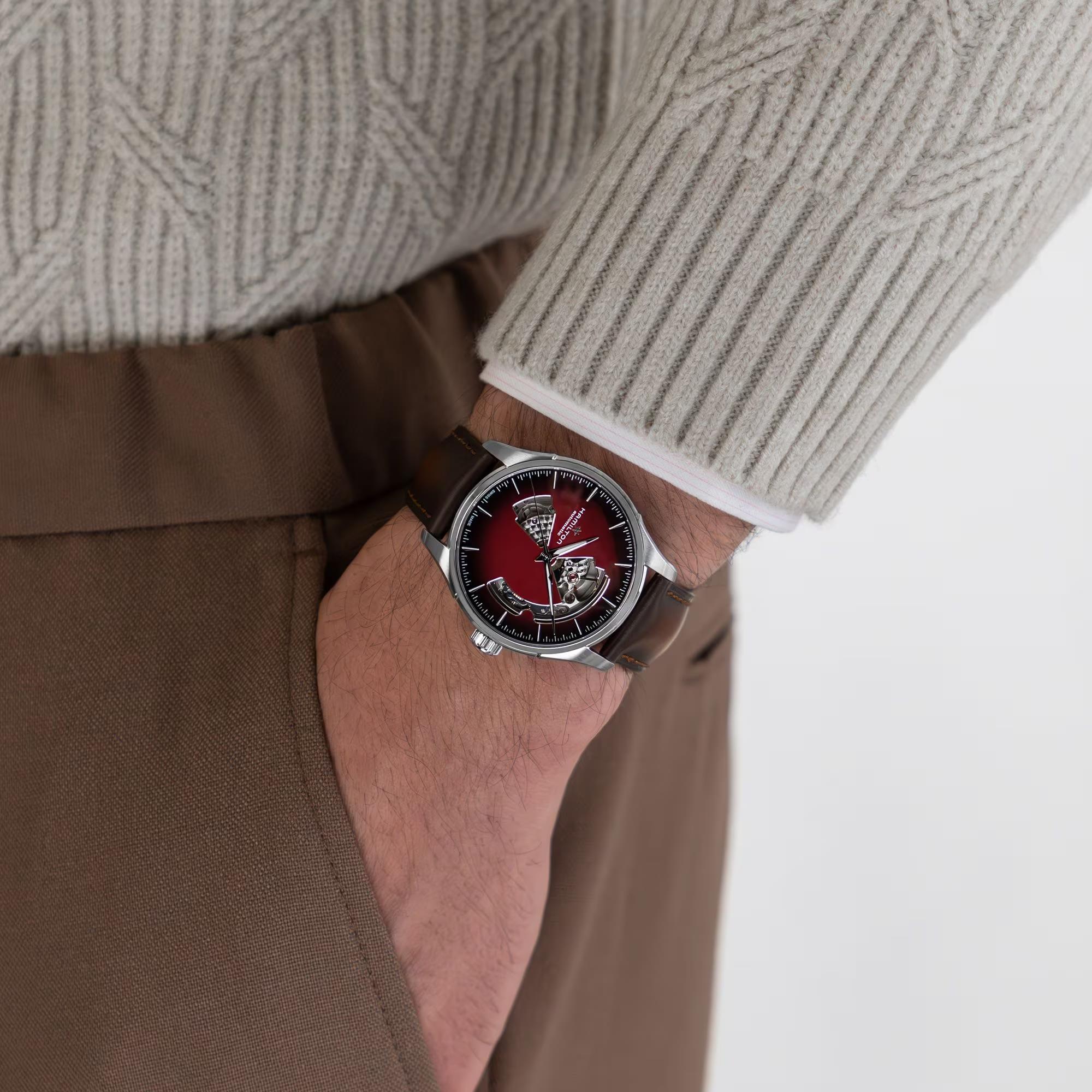 Hamilton Jazzmaster Open Heart burgundy dial H32675570 40mm watch worn on wrist