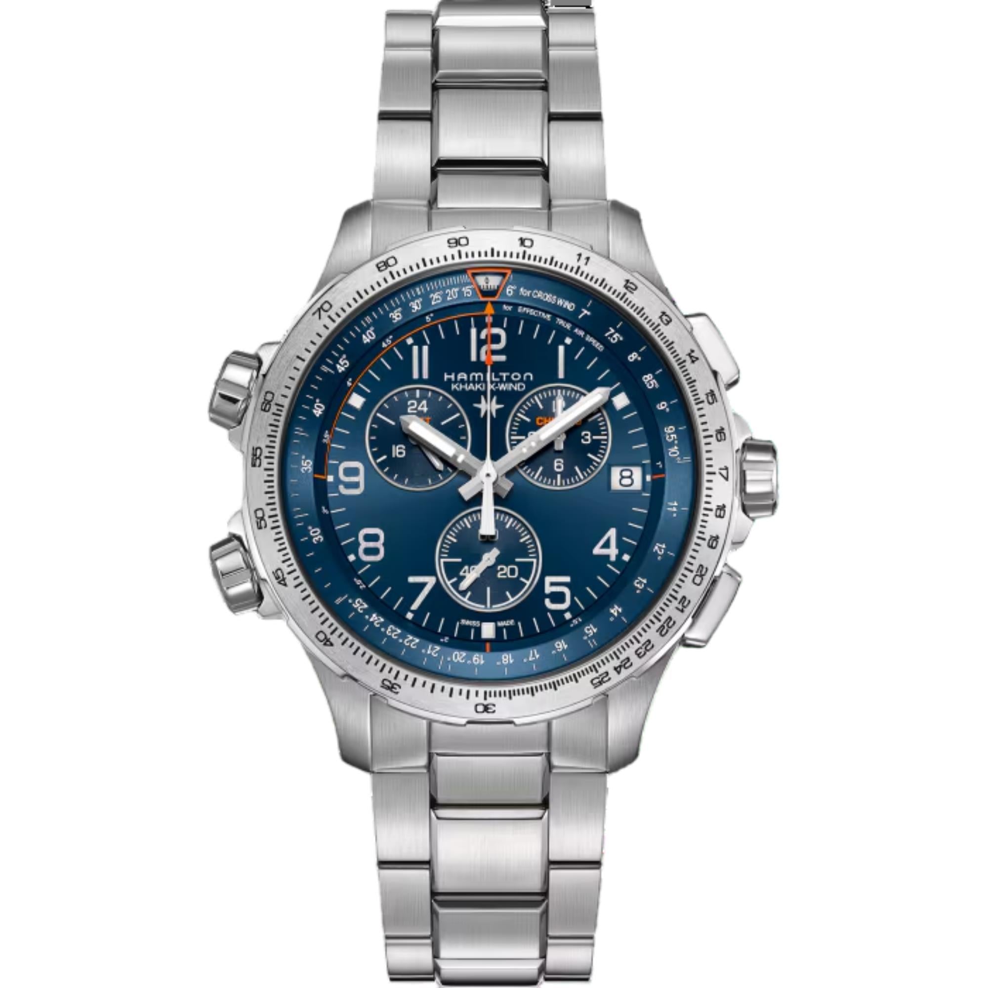 Hamilton Khaki Aviation 46mm Chronograph blue dial GMT steel quartz watch H77922141 front view