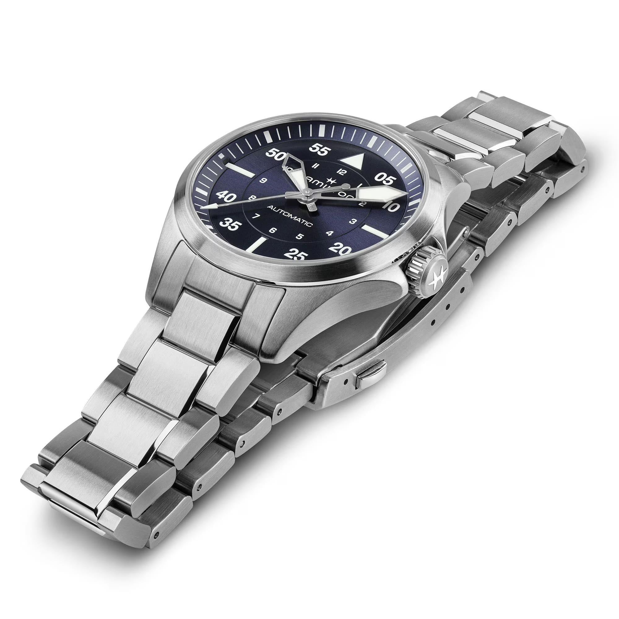 Hamilton Khaki Aviation H76215140 polished 36mm stainless steel case side profile 