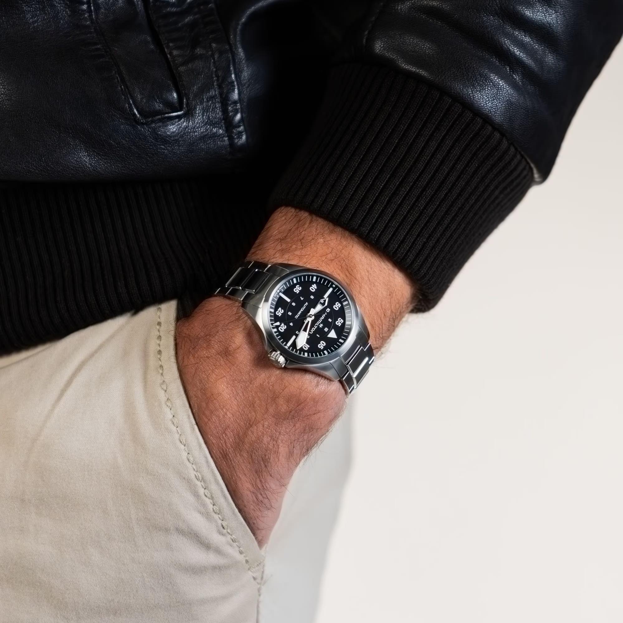 Hamilton Khaki Aviation Pilot 36mm black dial steel watch worn on wrist H76215130