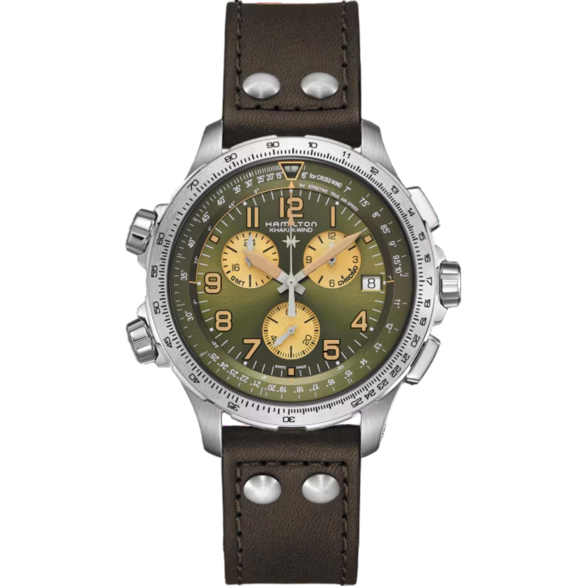 Hamilton Khaki Aviation 46mm Chronograph Green Dial Leather Mens Quartz Watch H77932560