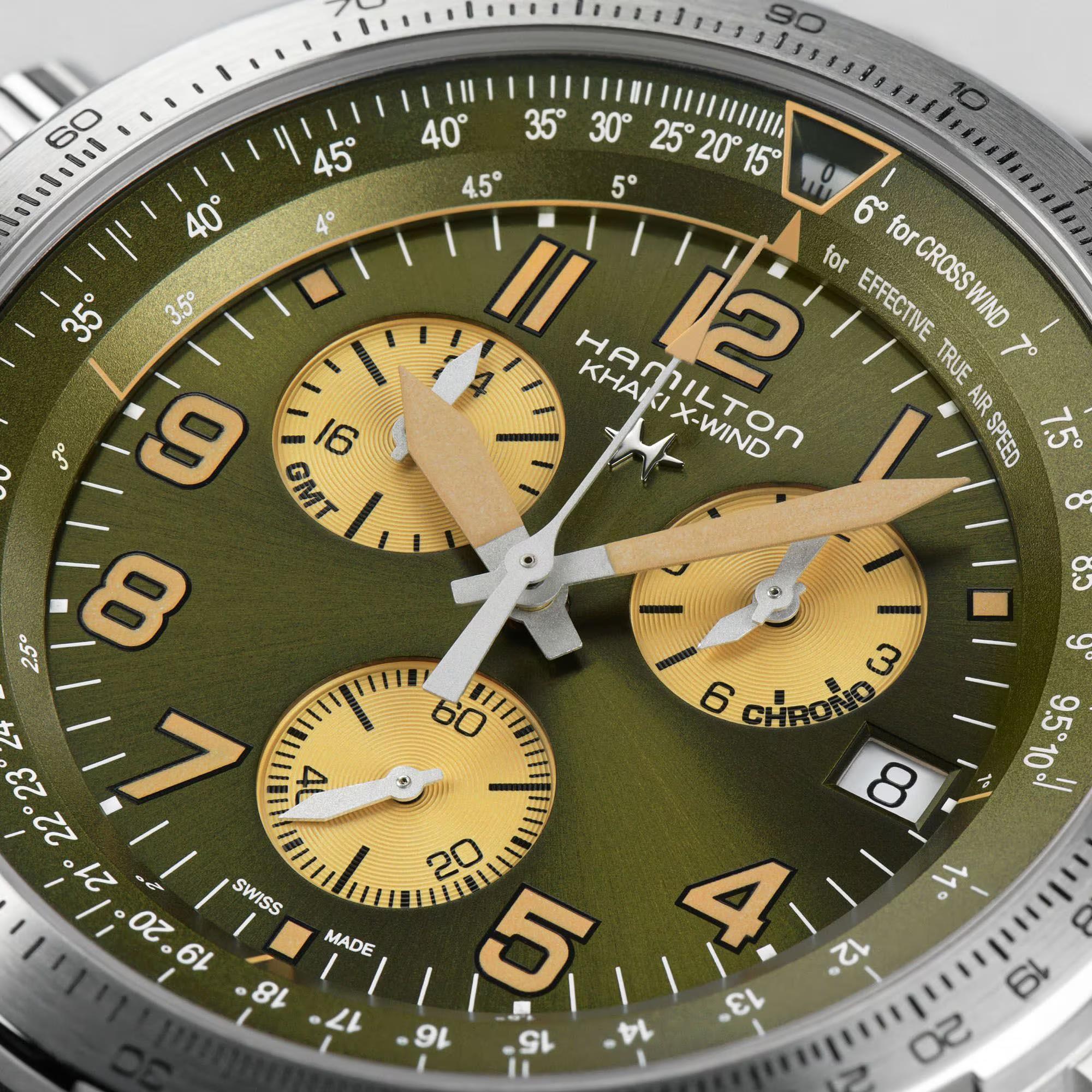 Hamilton Khaki Aviation 46mm Chronograph Green Dial Leather Mens Quartz Watch H77932560