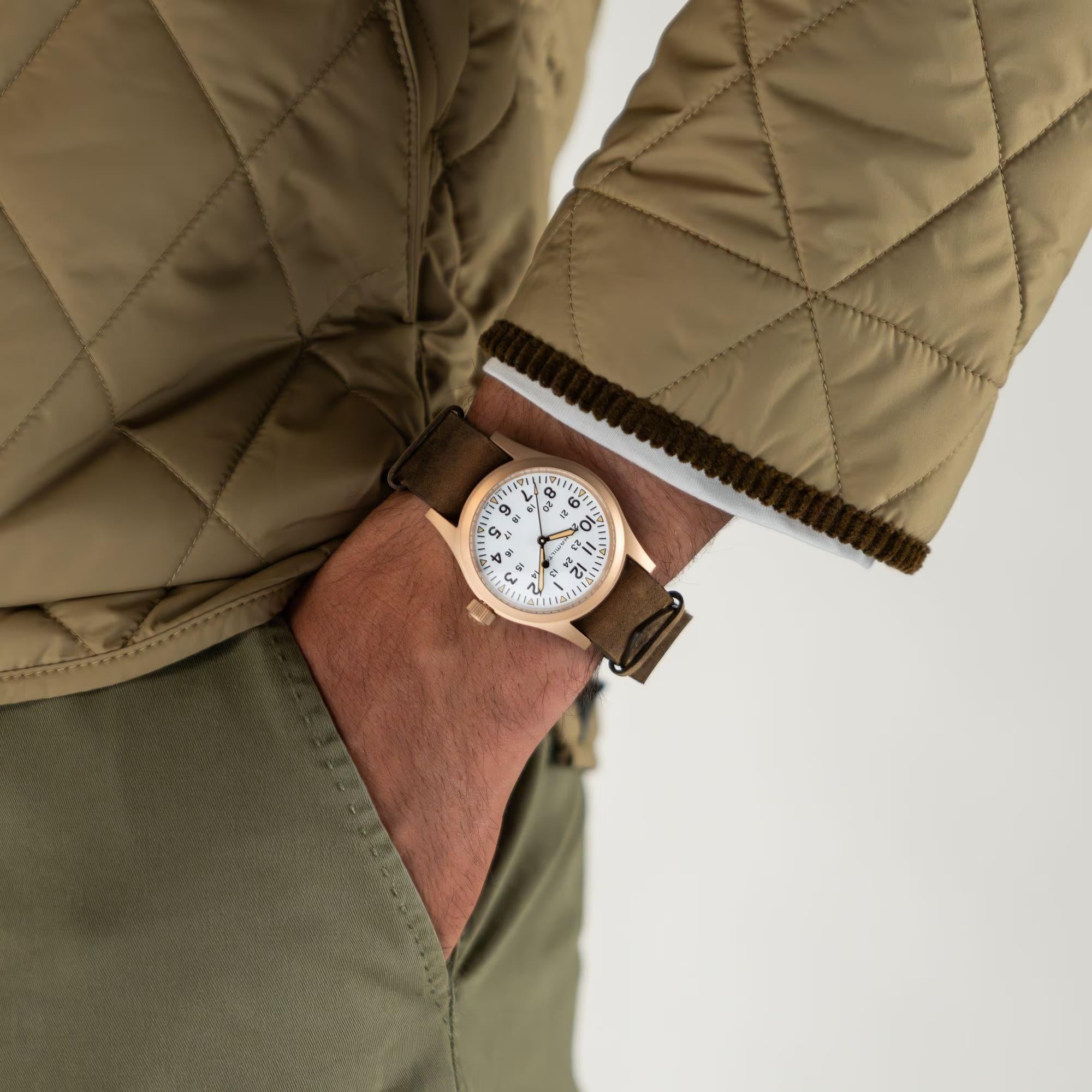 Hamilton Khaki Field Mechanical Bronze White Dial Leather Strap Unisex Watch H69459510 - WatchNation