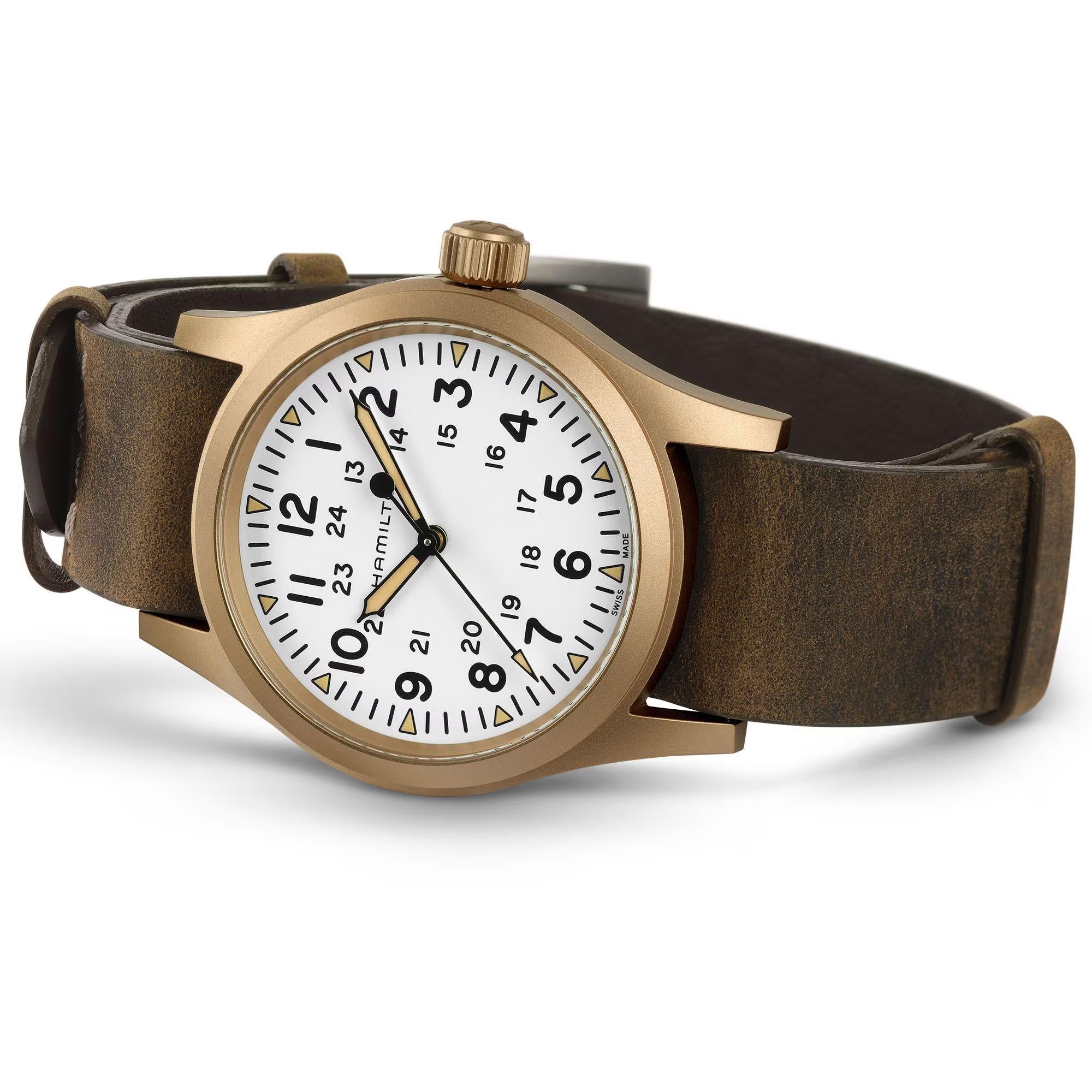 Hamilton Khaki Field Mechanical Bronze White Dial Leather Strap Unisex Watch H69459510 - WatchNation