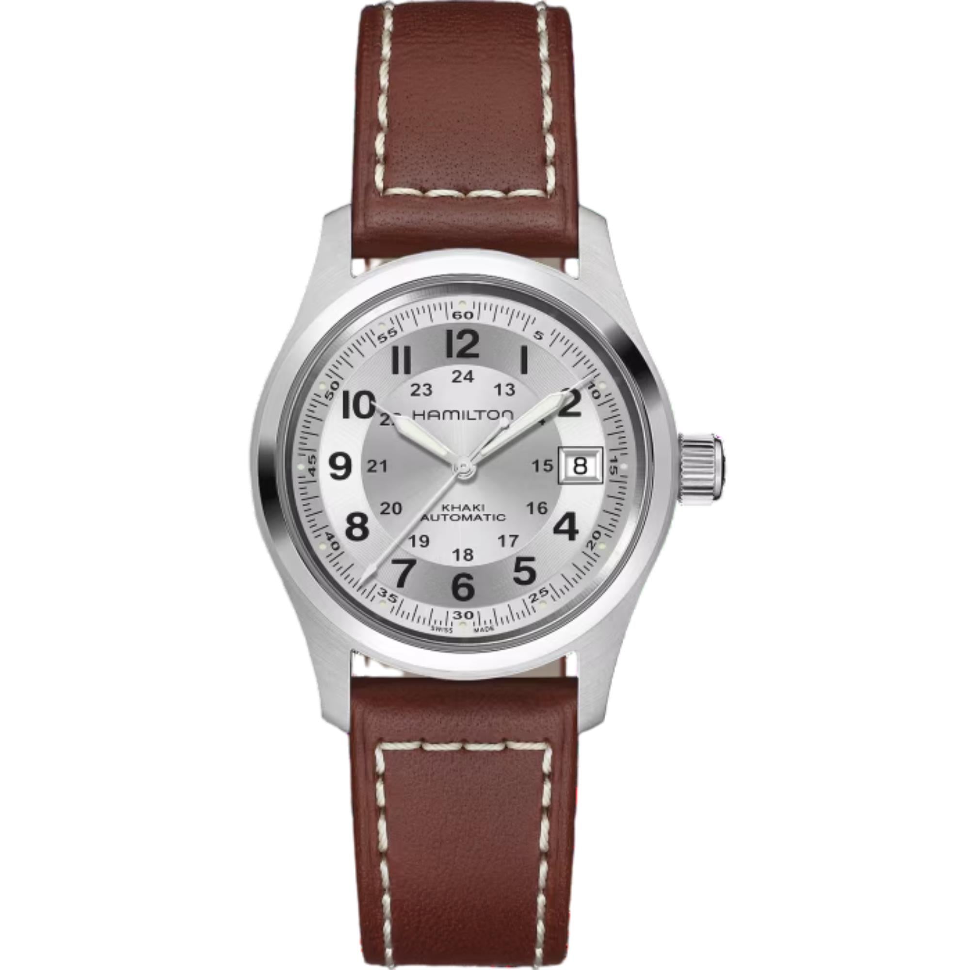 Hamilton Khaki Field 38mm Silver Dial Leather automatic watch H70455553 front view