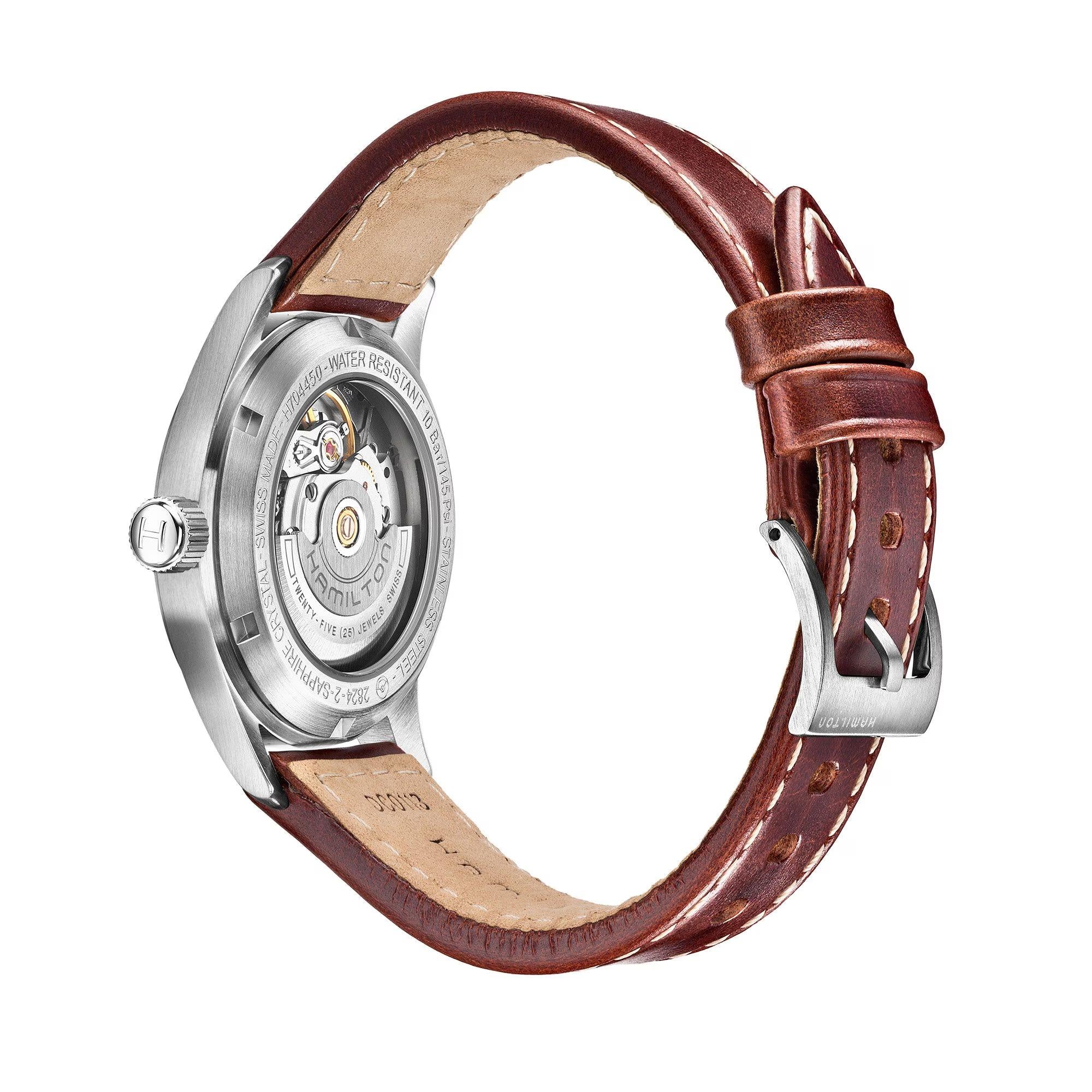 Hamilton Khaki Field H70455553 open caseback revealing H-10 movement