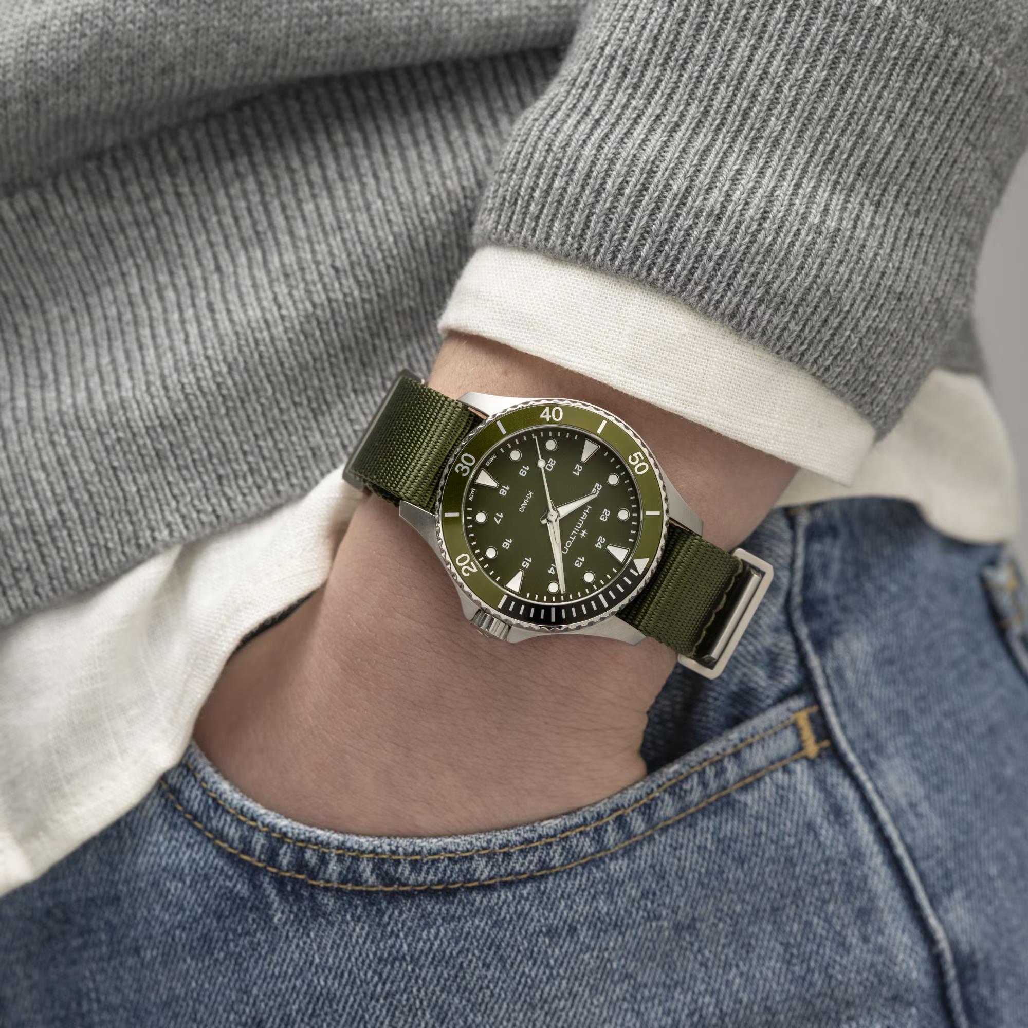 Hamilton Khaki Navy 37mm Green Dial Steel NATO Quartz Watch H82241961